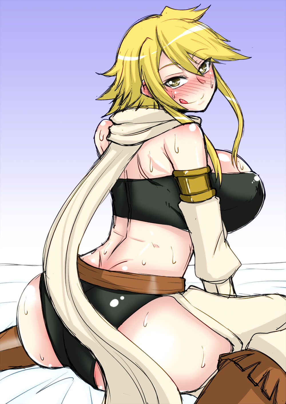 akame ga kill!, ass, big ass, black panties, black underwear, blonde, blonde female, blonde hair, blonde-haired female, blush, blushing, female, huge ass, leone (akame ga kill!), licking, licking lips, matching hair/eyes, strapless, syonnaka, tube top, tubetop, yellow eyes