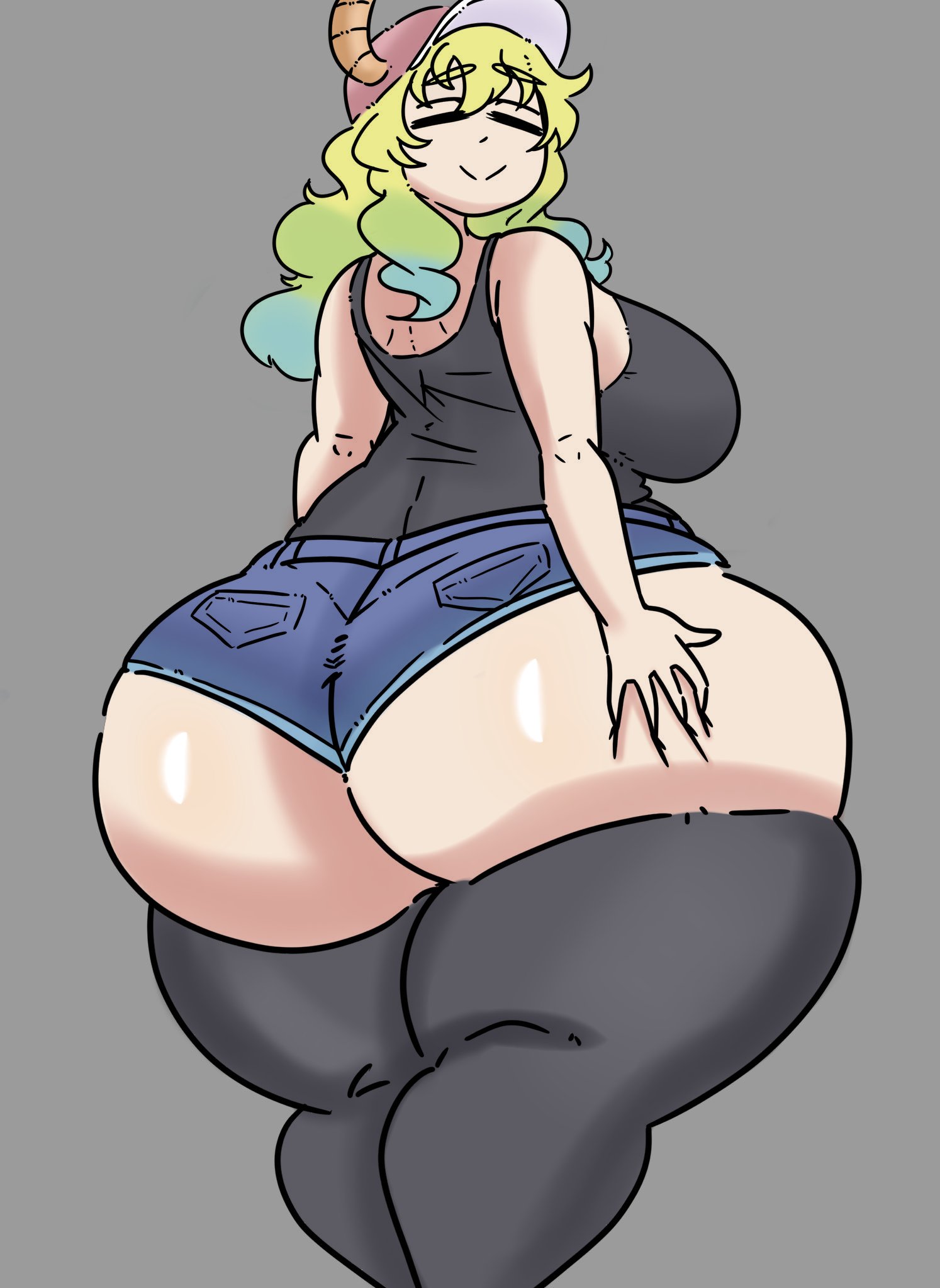 1girls, ass, ass body, big ass, big breasts, big butt, bottom heavy, breasts, closed eyes, color edit, colored, edit, female, female only, gonzalo costa, hat, horns, huge ass, huge butt, inakotho, legwear, minishorts, miss kobayashi's dragon maid, multicolored hair, quetzalcoatl (dragon maid), shorts, solo, solo female, thighhighs, thighs, third-party edit