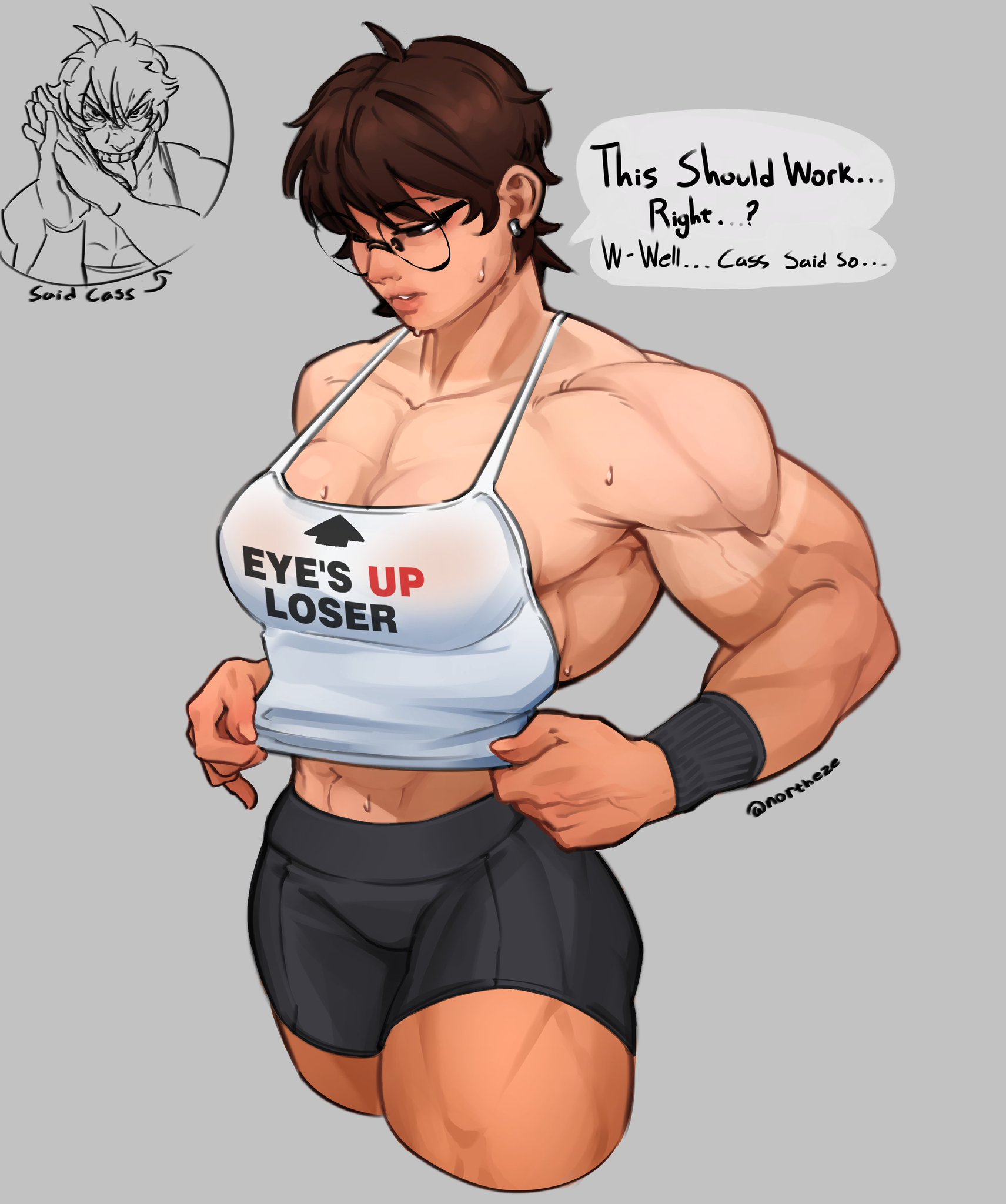 female, freaky sukuna (meme), muscular, muscular female, northeze, ria (northeze), tank top, tanline, tomboy