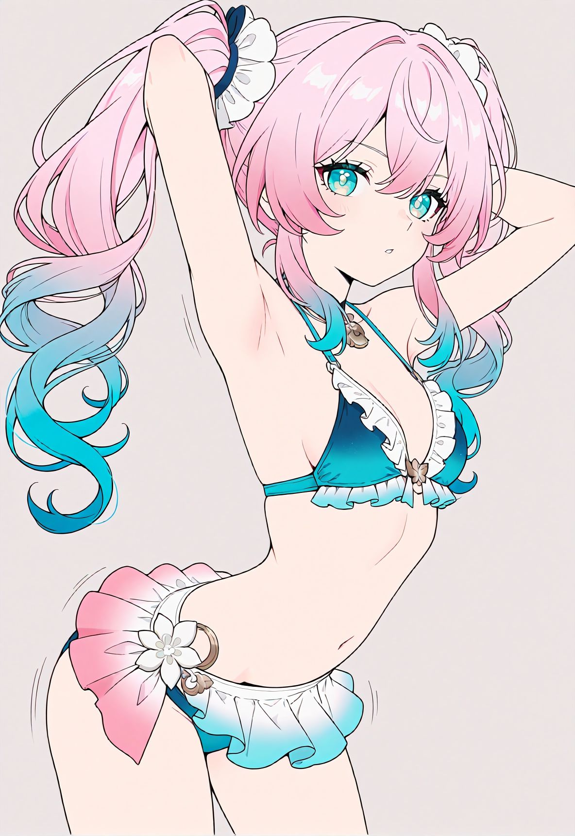 ai_generated arched_back bikini blue_hair cute female female_only gradient_hair hand_in_hair honkai:_star_rail hyacine_(honkai:_star_rail) looking_at_viewer medium_breasts pink_hair turquoise_eyes
