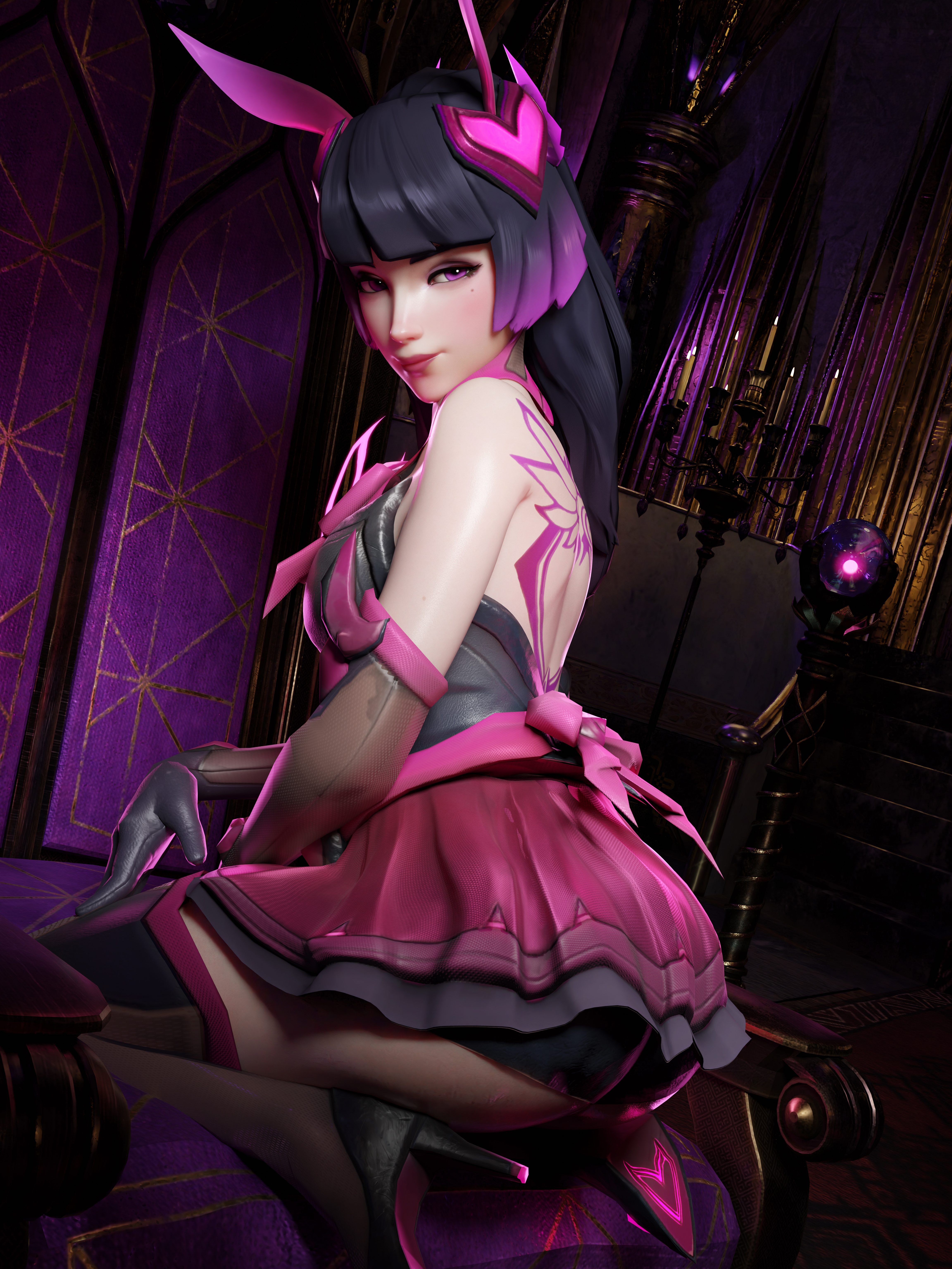 1girls, 3d, absurdres, ass, back tattoo, black hair, candle, d.va, dokiwatch, elbow gloves, female, female only, gloves, headwear, high heels, indoors, kneeling, m71z30, nocturna d.va, overwatch, overwatch 2, purple eyes, purple hair, purple highlights, solo, source request, tagme, tattoo, tattoo on back, two-tone hair