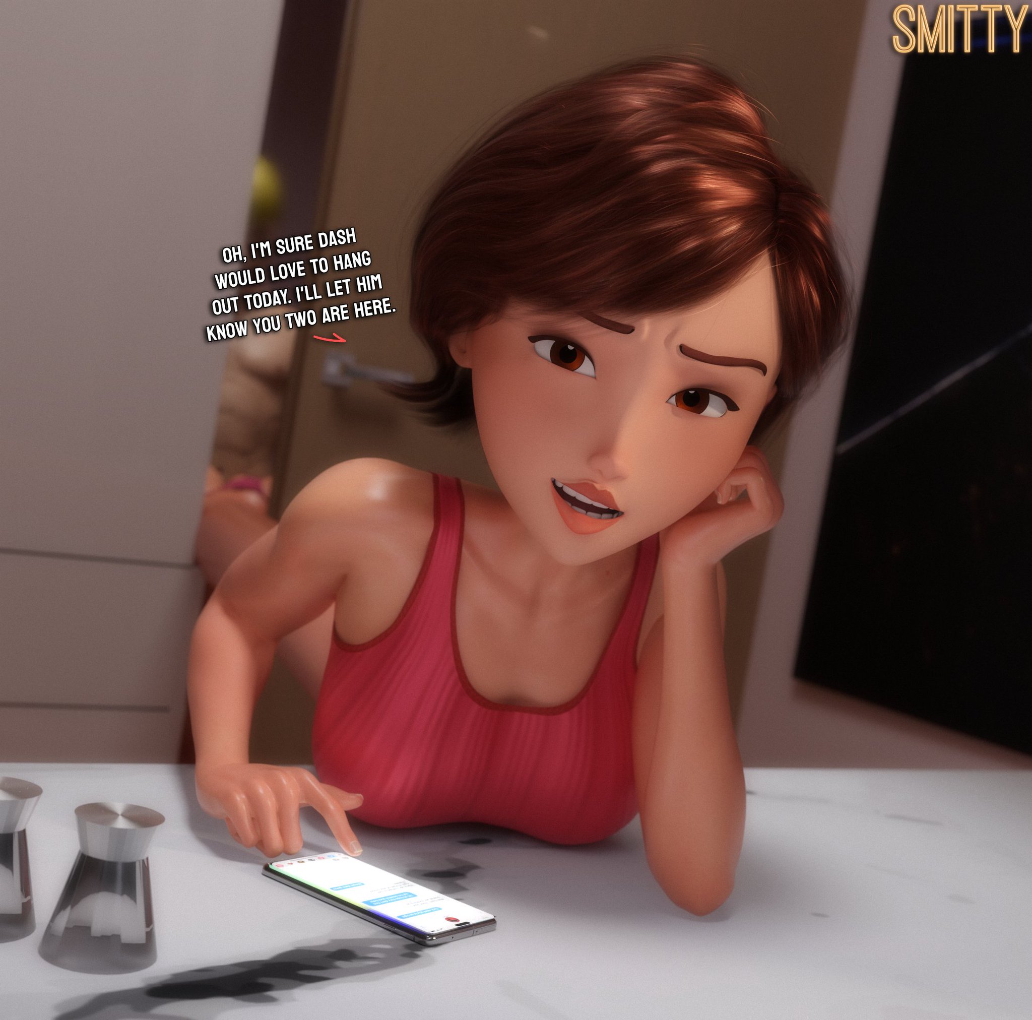 1boy, 1boy1girl, 1girls, 3d, aged up, ass, big ass, big thighs, breasts, curvaceous, curvy, curvy figure, dash parr, disney, elastigirl, english text, female, helen parr, hero, heroine, hips, hourglass figure, huge ass, huge thighs, incest, large ass, large thighs, legs, light skin, light-skinned female, light-skinned male, looking at viewer, male, mature, mature female, milf, mother, mother and son, oblivious, older female, phone, pixar, pixar mom, sex, sex from behind, slim waist, smitty34, son, stealth sex, straight, superhero, superheroine, the incredibles, thick, thick hips, thick legs, thick thighs, thighs, voluptuous, voluptuous female, waist, wide hips, wide thighs, younger male