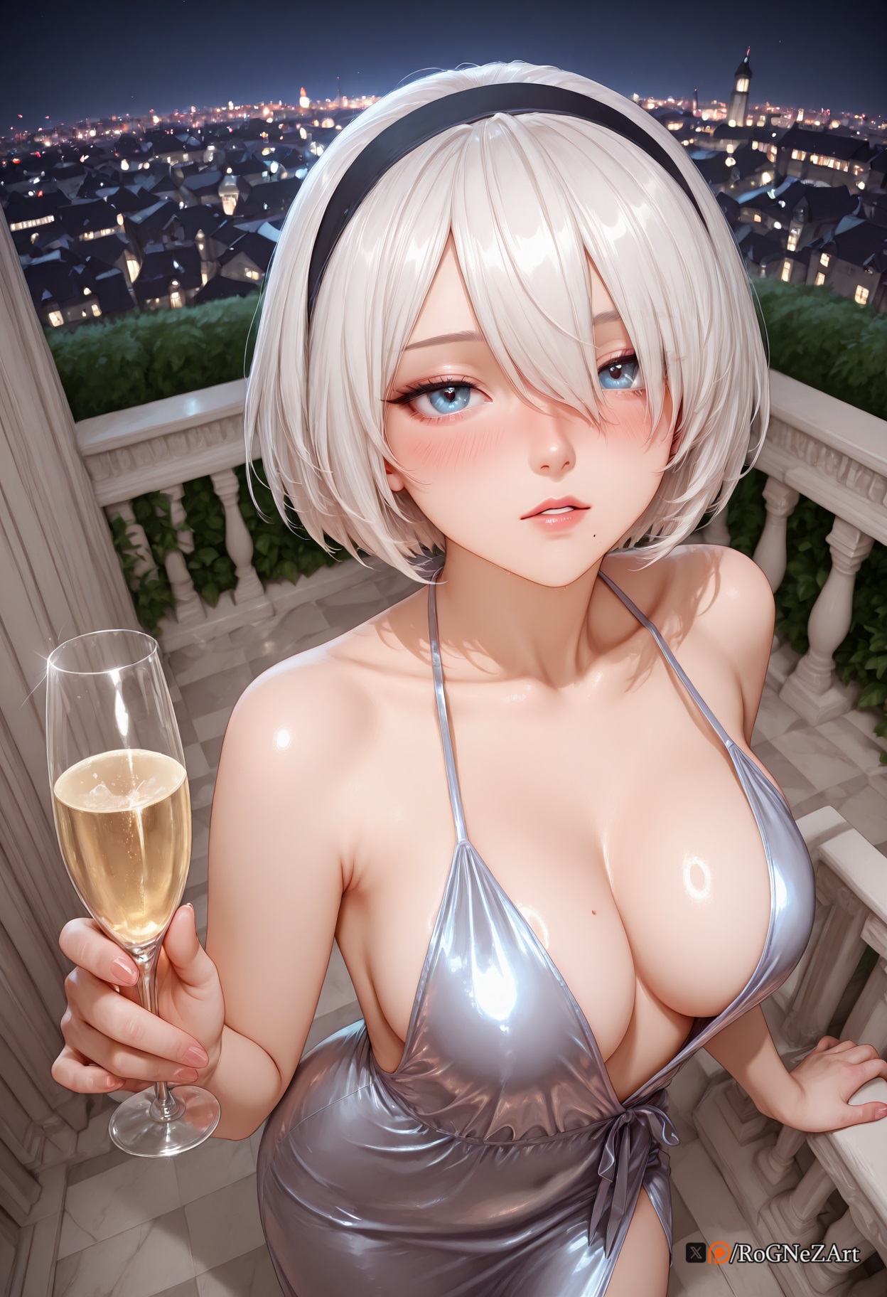 2025, ai generated, alcohol, balcony, bare shoulders, black hairband, blue eyes, blush, breasts, champagne, champagne flute, cityscape, cleavage, collarbone, cup, dress, drinking glass, female, female focus, female only, hair between eyes, hairband, holding, holding cup, large breasts, lips, looking at viewer, mole, mole on breast, mole under mouth, nier, nier (series), nier: automata, night, parted lips, rognezart, short hair, solo, white hair, wine glass, yorha 2b