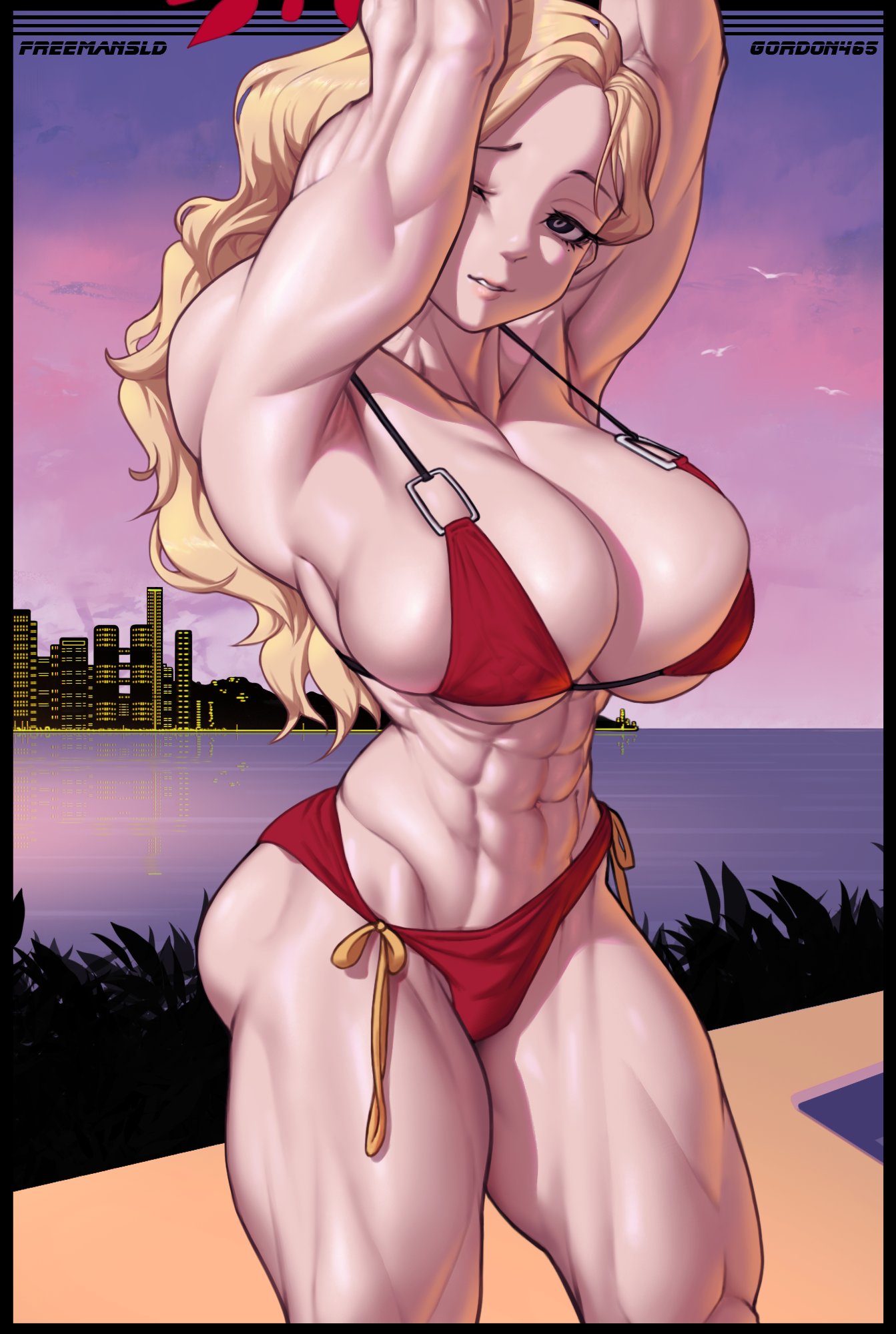 akemi (blue archive), bikini, blue archive, female, freemansld, muscular, muscular female, the freeman