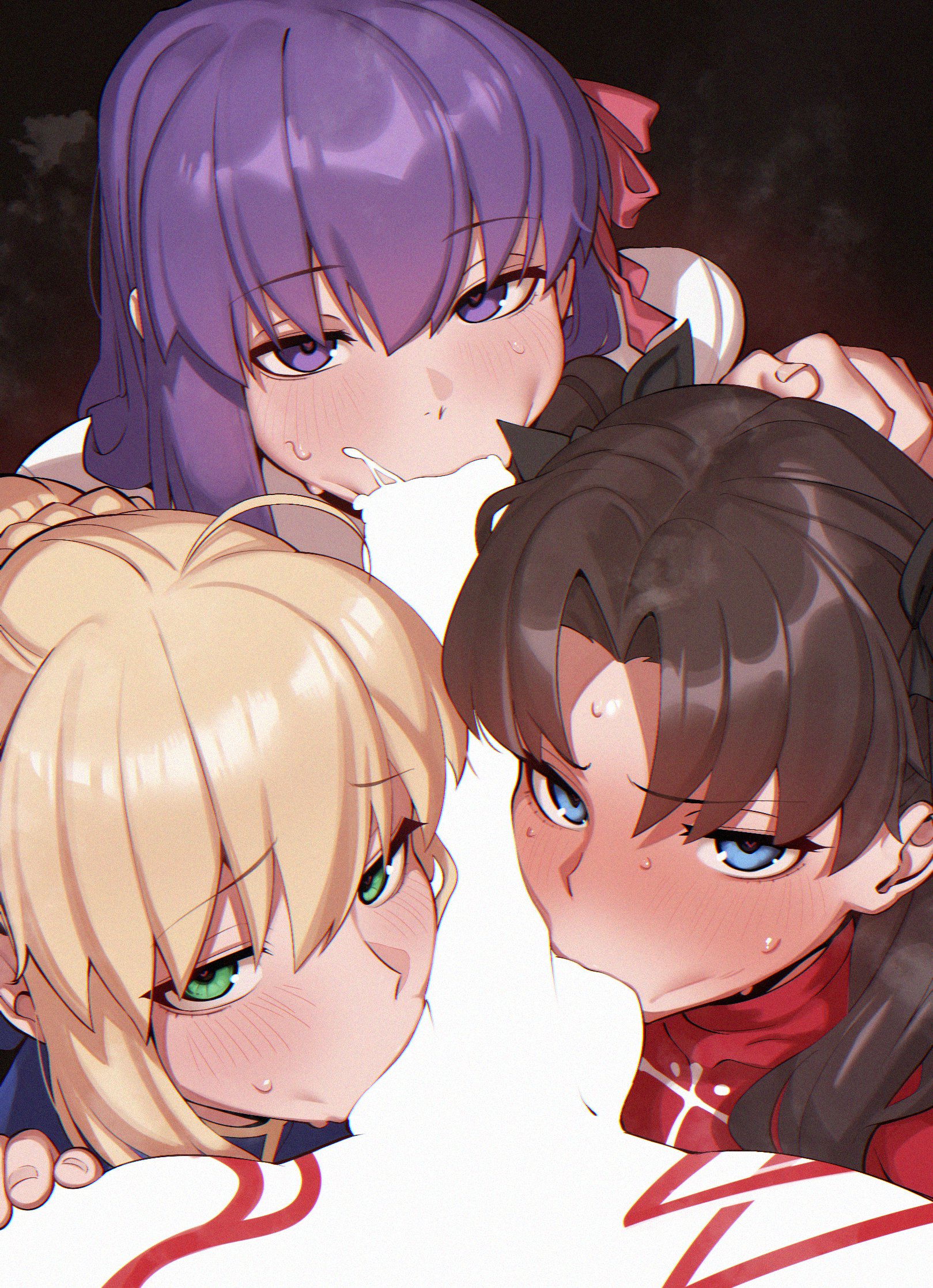 3girls, 3girls1boy, blonde hair, blowjob, brown hair, censored penis, collaborative fellatio, deitysexual, eye contact, fate (series), fate/grand order, fate/stay night, female, male, matou sakura, passion lip, pov, pov male, purple hair, saber, tohsaka rin, triple fellatio
