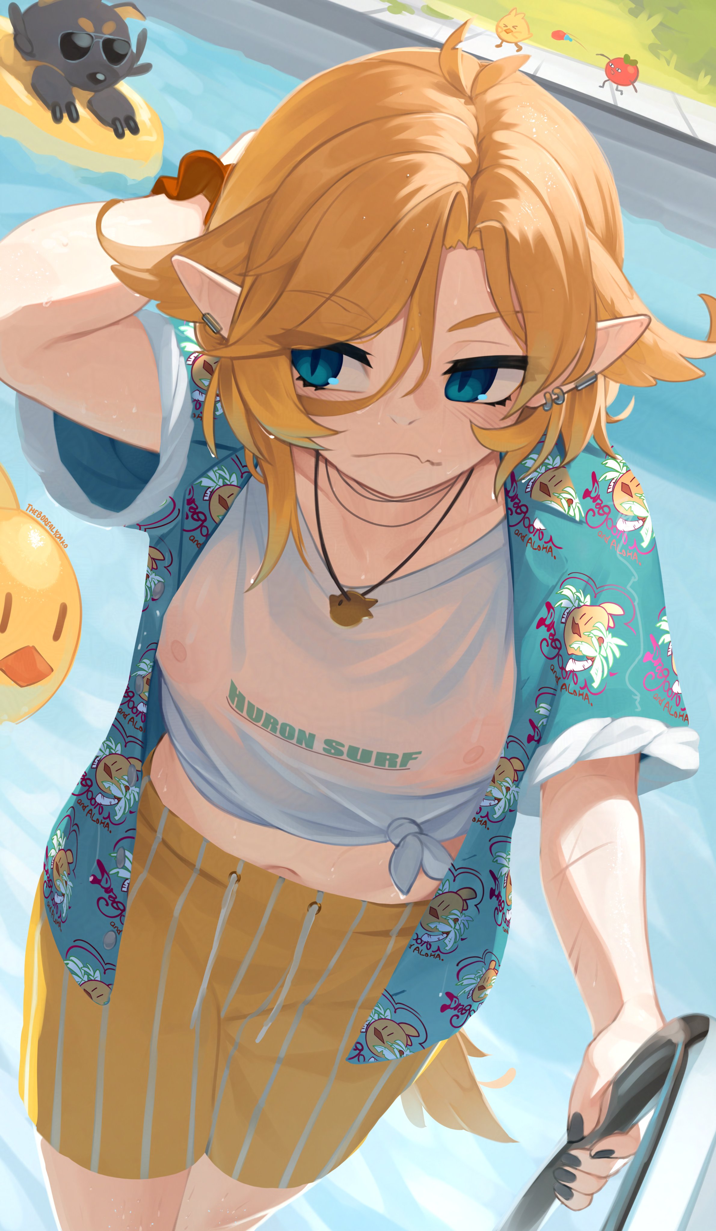 1girls, absurd res, adjusting hair, ahoge, artist name, bird, black nails, blonde hair, blue eyes, dark blue eyes, dog, dokibird, dokibird (beach episode), dokibird (true form), dragoon (dokibird), ear piercing, fan mascot (vtuber), feather hair, frown, getting out of pool, hair feathers, hawaiian shirt, head feathers, hi res, indie virtual youtuber, ladder, long ears, looking to the side, mascot, navel, necklace, nipples, nipples visible through clothing, oerba yun fang, open clothes, open shirt, piercing, pointed ears, pool, pool ladder, pool toy, scars, scrunchie, see-through, shaded, shirt, small breasts, stripes, sunglasses, swimming trunks, swimwear, text on clothing, tied shirt, tomato, tomboy, virtual youtuber, wet clothing, wet shirt, yellow hair, yoako