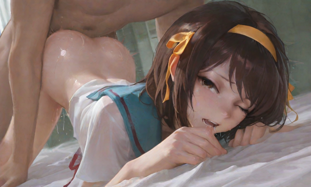 1boy, 1girls, ai generated, bed, brown eyes, brown hair, clothed sex, clothing, female, from behind position, hair ribbon, male, one eye closed, open mouth, pussy, pussy juice, saliva, school uniform, suzumiya haruhi, suzumiya haruhi no yuuutsu