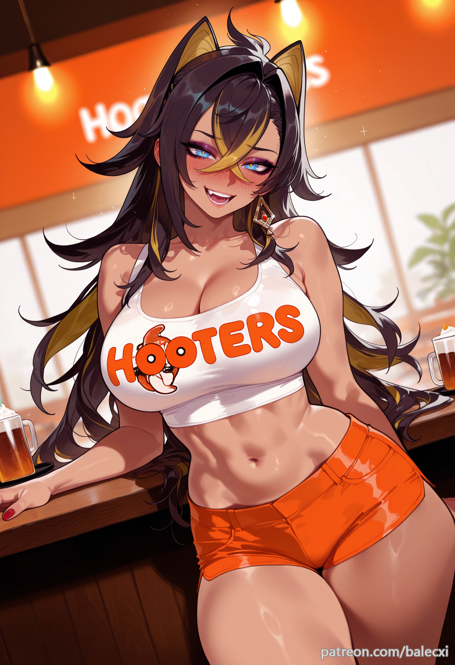 ai generated, balecxi, bare shoulders, black hair, blue eyes, blurry, blurry background, blush, breasts, brown hair, cleavage, crop top, crossed bangs, cup, dark skin, dark-skinned female, dehya (genshin impact), earrings, employee uniform, female, genshin impact, hair between eyes, hooters, jewelry, large breasts, long hair, looking at viewer, midriff, multicolored hair, nail polish, navel, open mouth, orange shorts, patreon username, red nails, short shorts, smile, solo, stomach, tank top, thighs