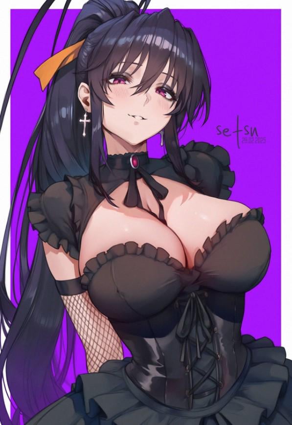 1girls, ai generated, akeno himejima, big breasts, black dress, breasts, dress, female, female only, goth, goth girl, gothification, gothified, high school dxd, huge breasts, light skin, light-skinned female, makeup, setsuaiart, solo