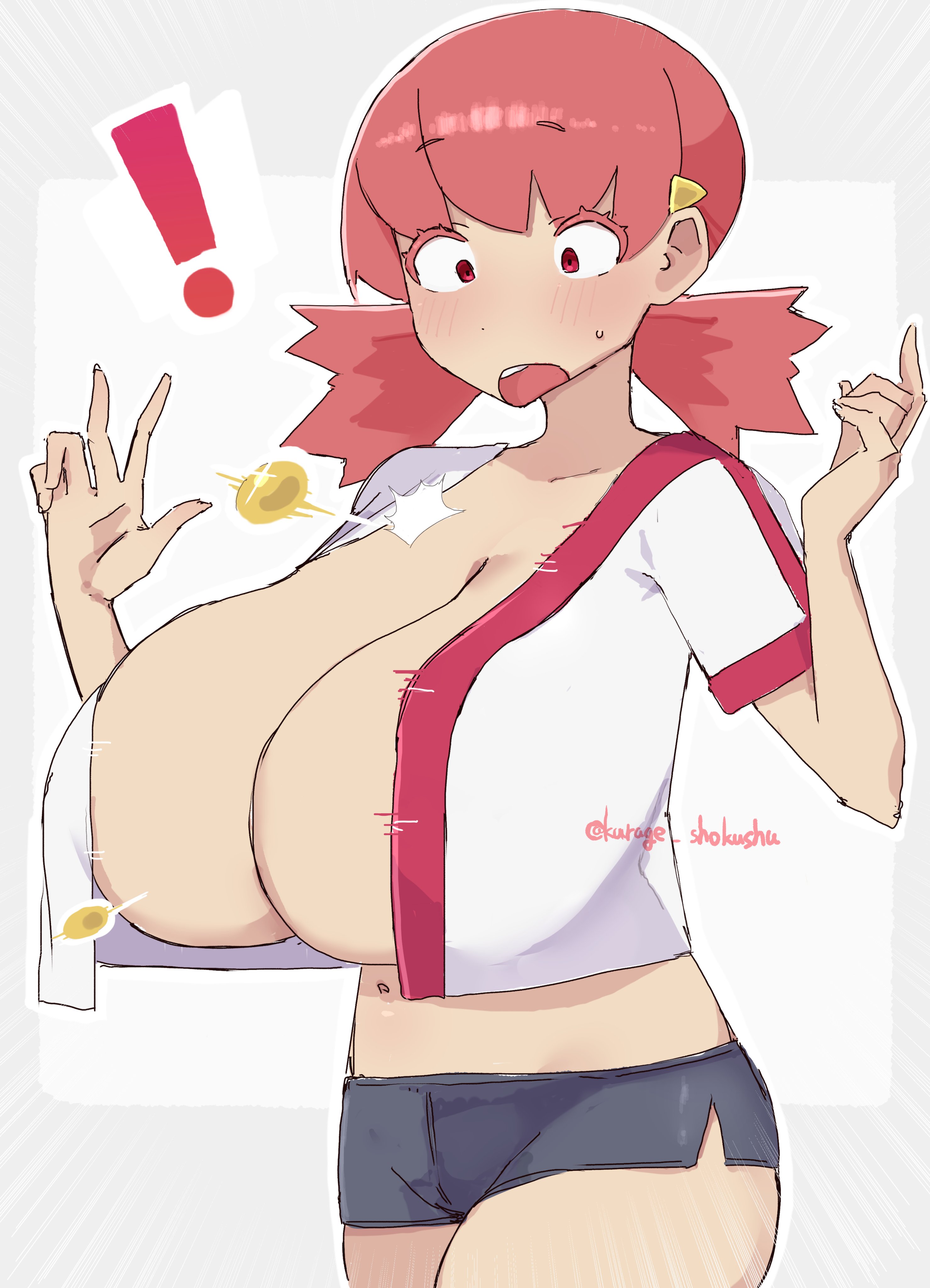 1girls, alternate breast size, alternate version available, before and after, big breasts, blush, bouncing breasts, breast expansion, breast growth, breast growth (enlargement), breasts, breasts bigger than head, breasts too big, bursting breasts, button down shirt, button gap, button pop, button popping, button up shirt, buttons, buttons popping, expansion, female, female focus, gigantic breasts, growth, growth drive, hyper, hyper breasts, inconvenient boobs, inconvenient breasts, looking at own breasts, looking down, looking down at breasts, looking down at self, nintendo, pink hair, pokemon, pokemon gsc, tight clothes, tight clothing, too tight, torn clothes, umitsuki (kurage no shokushu), undersized clothes, undersized clothing, wardrobe malfunction, whitney (pokemon)