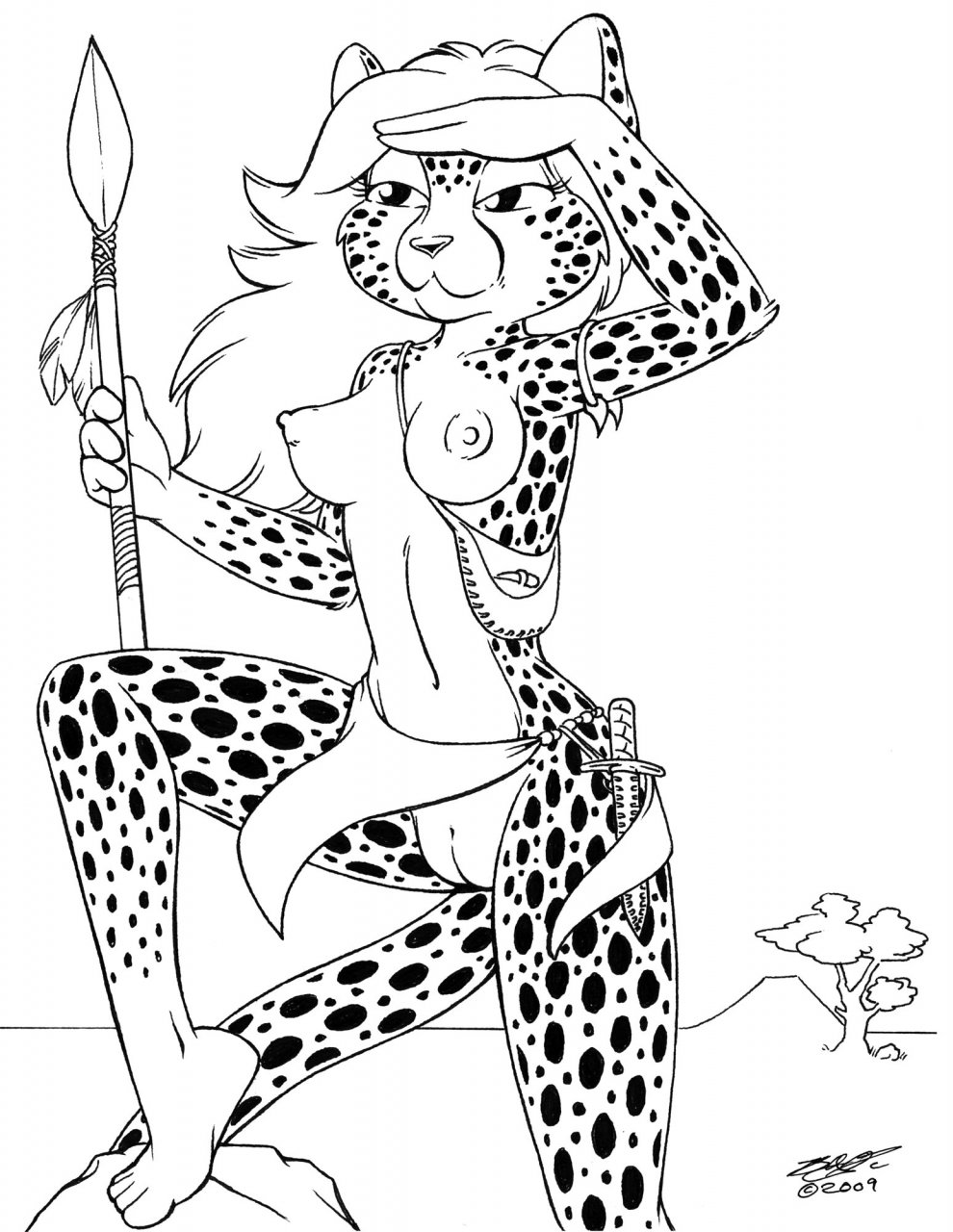 2009 anthro black_and_white breasts brian_o'connell cheetah exposed feline female fur furry knife loincloth monochrome navel nipples nude polearm pussy signature skimpy solo spear spots standing topless underwear weapon year