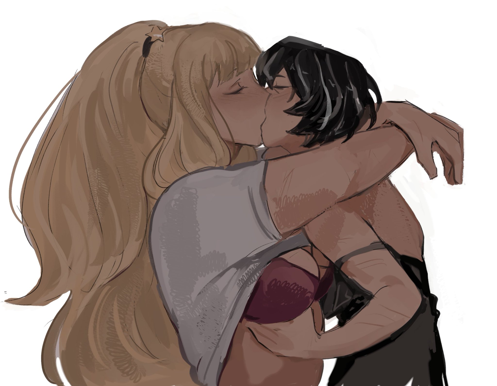 2girls, black hair, blonde hair, bra, breasts, dearpupa, distortion detective, ezra (distortion detective), female, girls kissing, grabbing breasts, kissing, lesbian sex, lifted shirt, long hair, moses (distortion detective), project moon, short hair, tagme, yuri