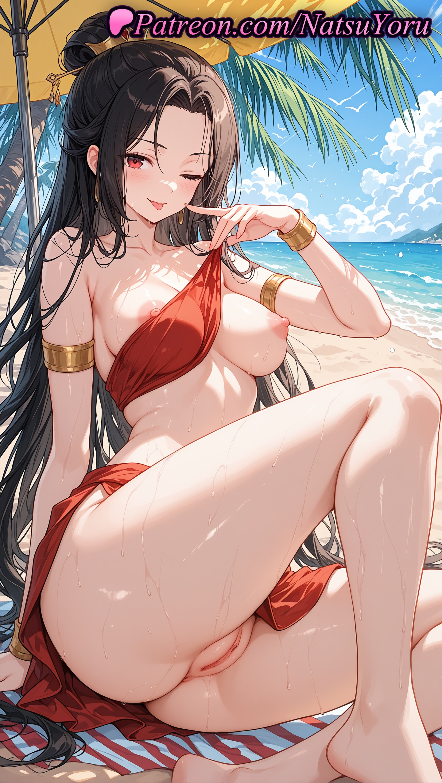 1girls, 2025, ai generated, armlet, ass, avatar the last airbender, azula, bare shoulders, barefoot, beach, beach umbrella, bikini, black hair, bracelet, breasts, clothes lift, female, female only, hi res, highres, jewelry, knee up, large breasts, long hair, looking at viewer, natsuyoru, nickelodeon, nipples, one eye closed, outdoors, palm tree, patreon, pussy, red bikini, red eyes, red skirt, sarong, sitting, skirt, sky, solo, swimsuit, thighs, tongue, tongue out, umbrella, uncensored, vagina, very long hair, voluptuous, voluptuous female, wet