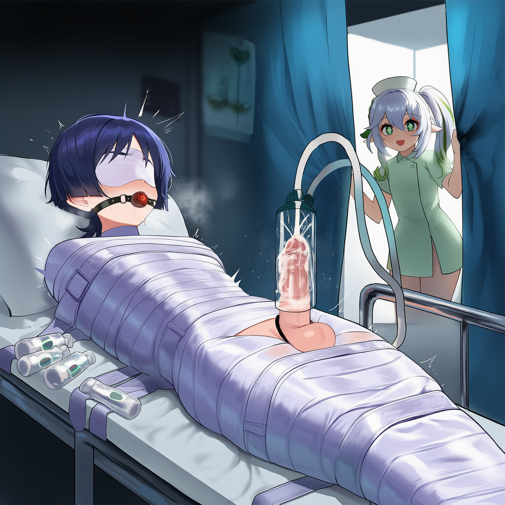 1girl ai_generated arms_behind_back ball_gag balls belt belt_bondage blindfold bondage bound covered_eyes covered_mouth cum cum_string curtain curtains dominant_female dominant_female_submissive_male ejaculation femboy gagged genshin_impact hospital hospital_bed huge_cock indoors kidnapped kidnapped_male large_penis legs_together medical_instrument mummification mummified nahida_(genshin_impact) nurse nurse_cap nurse_uniform penis penis_milking penis_milking_machine pipe scaramouche_(genshin_impact) steam steaming_body submissive_male sweat sweatdrop sweating sweaty tape testicles white_blindfold wrapped wrapped_up