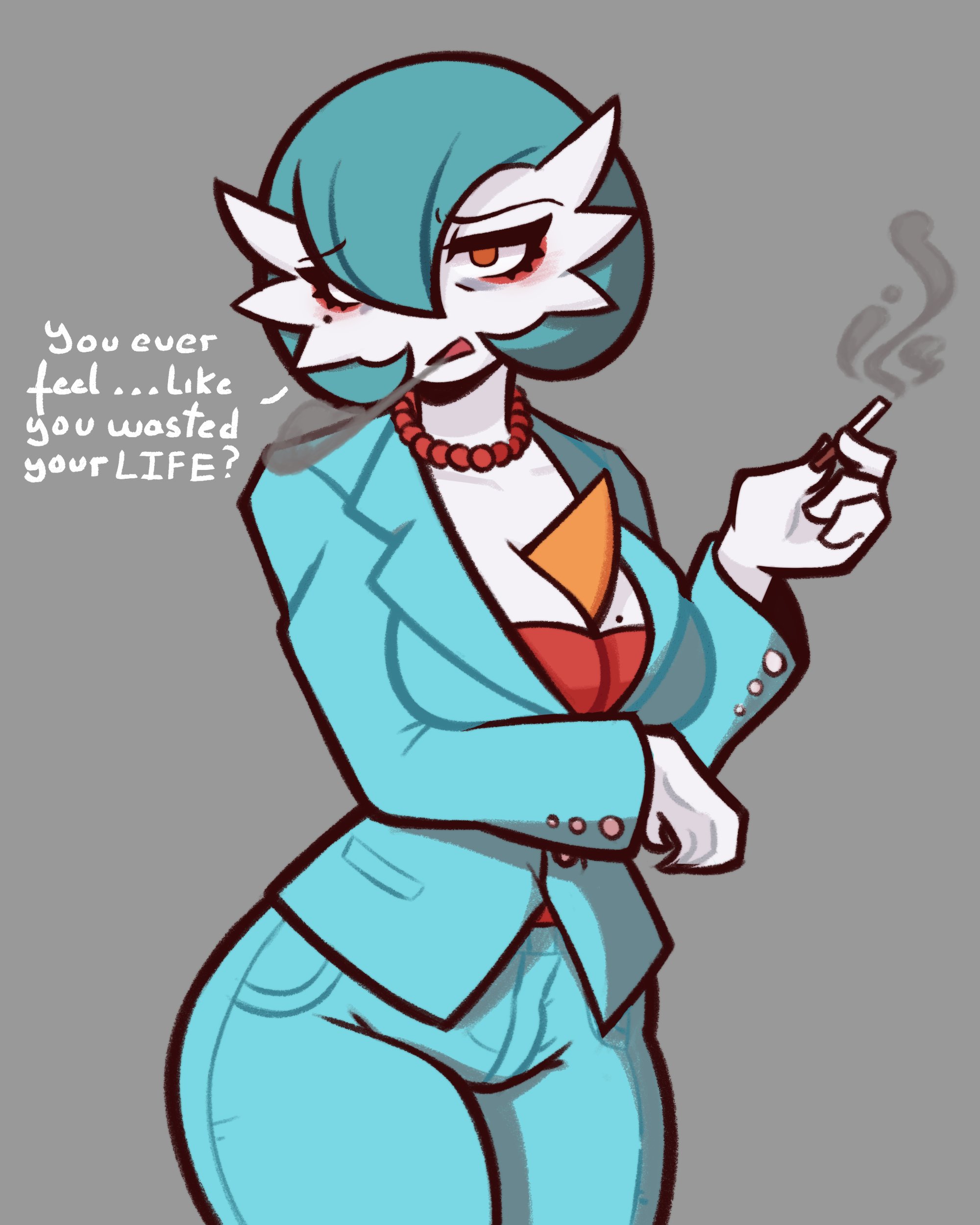 1girls, alternate color, arm under breasts, beauty mark, beauty mark on breasts, beauty mark under eye, blowing smoke, breasts, business suit, business woman, cigarette, female, female only, game freak, gardevoir, generation 3 pokemon, hourglass, hourglass figure, humanoid, humanoid female, humanoid only, luigi thor (artist), natasha (activeajames), nintendo, not furry, office clothing, office lady, pokemon, pokemon (species), shiny gardevoir, shiny pokemon, smoking, solo, twitter link