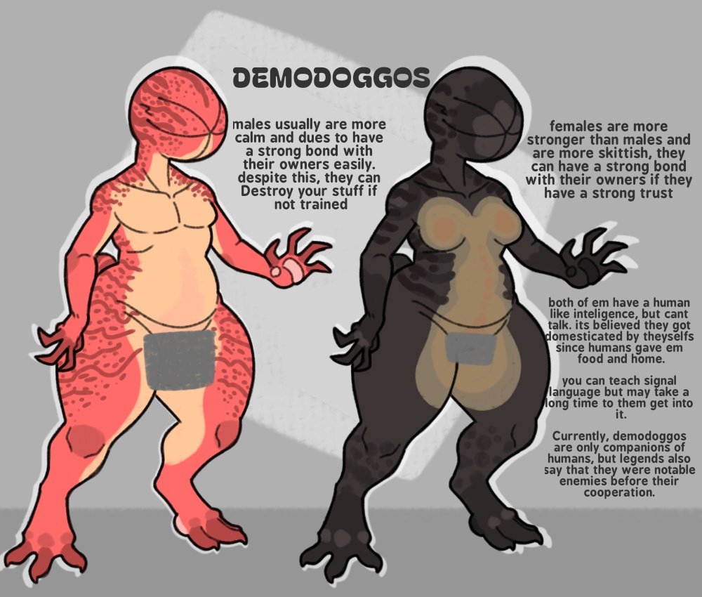 1boy, 1girls, ass, big ass, big butt, bottom heavy, breasts, bubble butt, censored, censored genitalia, curvaceous, curvy, curvy figure, demodoggo (torururuu), demogorgon, english text, female, femboy, girly, huge ass, male, monster, no eyes, no nipples, nude, pawpads, semi-anthro, small breasts, species sheet, stranger things, tail, text, thick thighs, torururuu, voluptuous, voluptuous female, wide hips