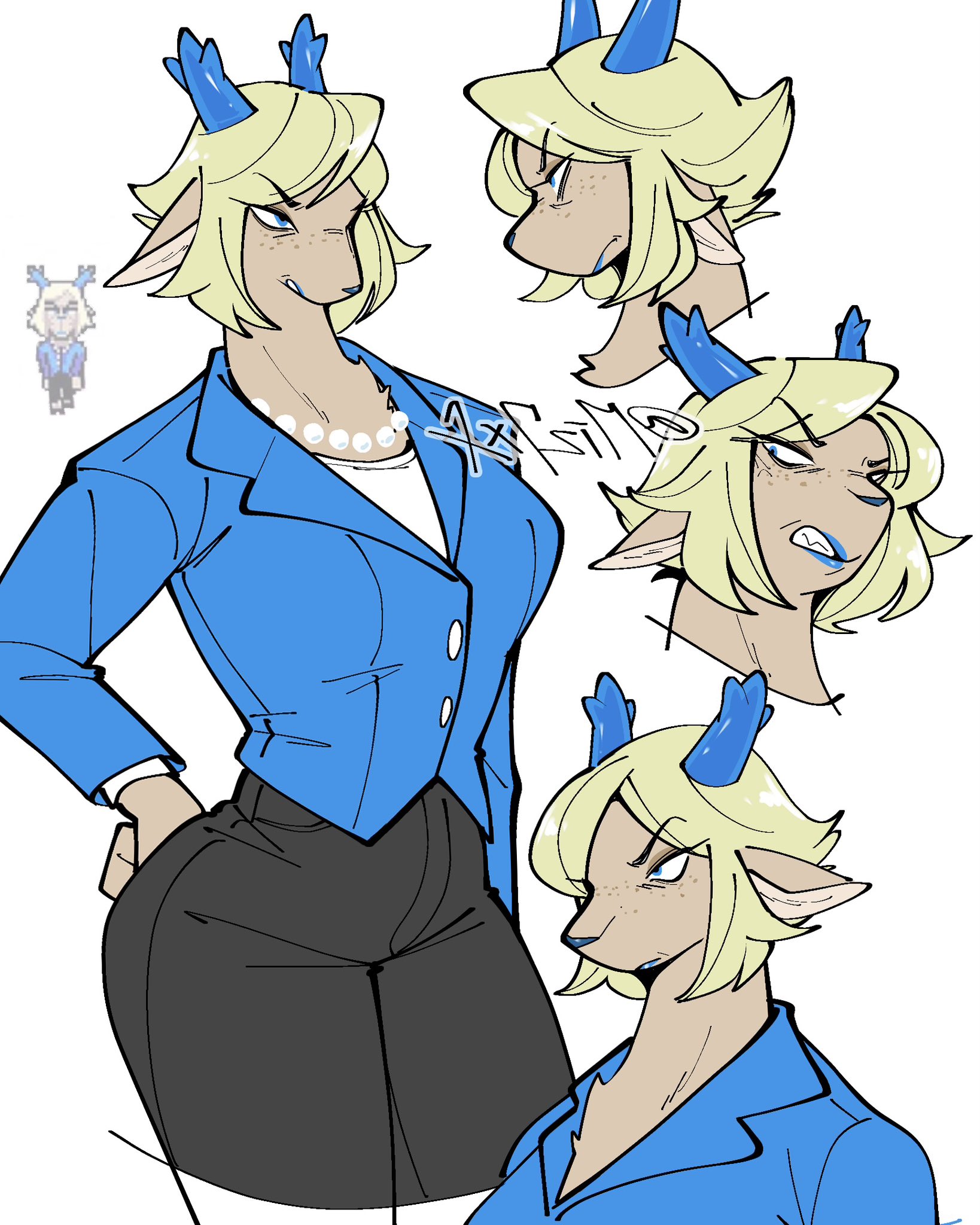 1furry, angry, angry expression, angry face, antlers, ass, big ass, big butt, blonde hair, blue eyes, blue jacket, blue lipstick, carol holiday, deer, deer ears, deer girl, deltarune, deltarune chapter 4, fangs, female, fur, furry, furry female, furry milf, milf, mofumofu, oerba yun fang, pearl necklace, pissed off, undertale (series)