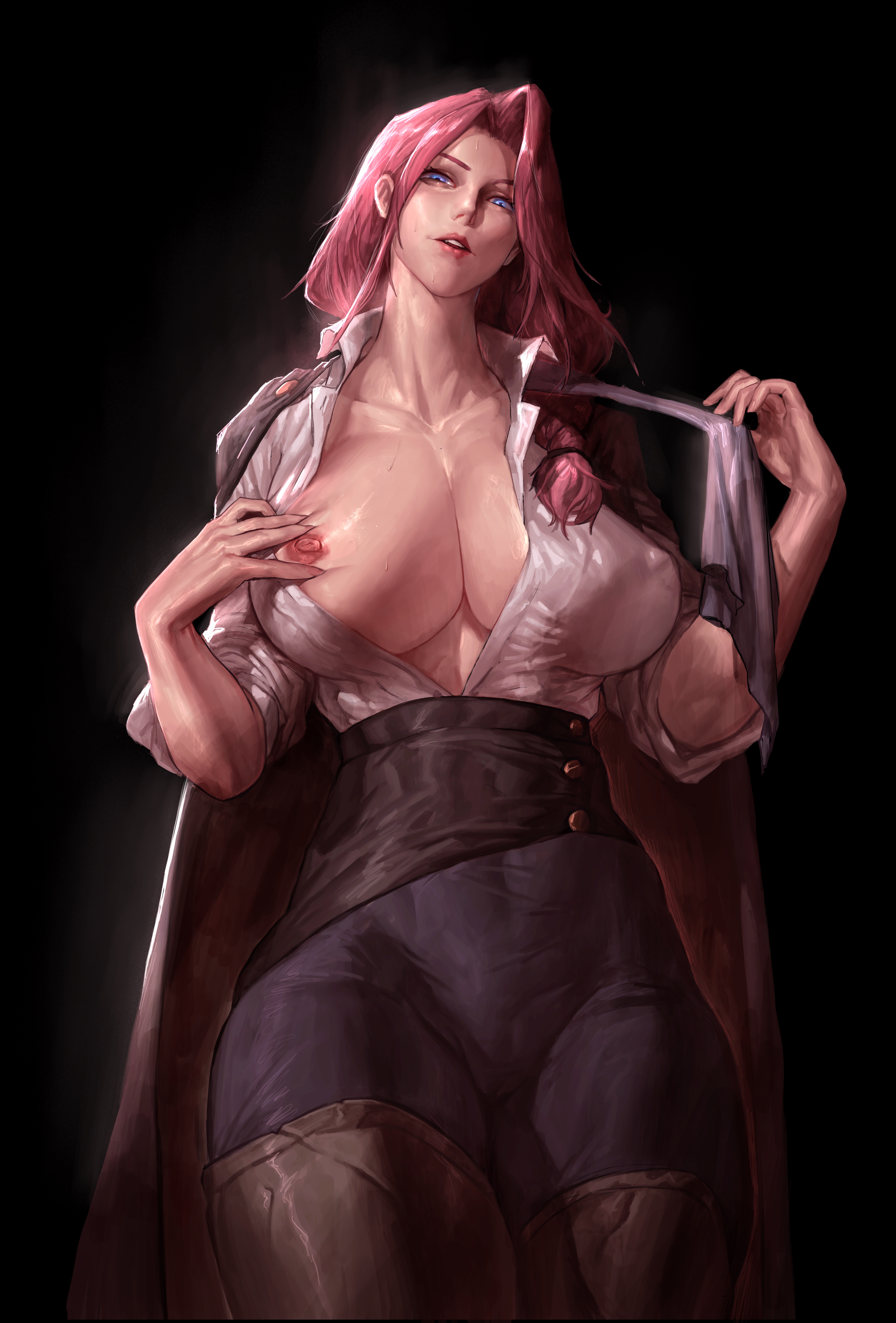 abs, breasts, crucabena (genshin impact), female, female only, genshin impact, lagon (artist), nipple bulge, no bra, one breast out, open clothes, shirt