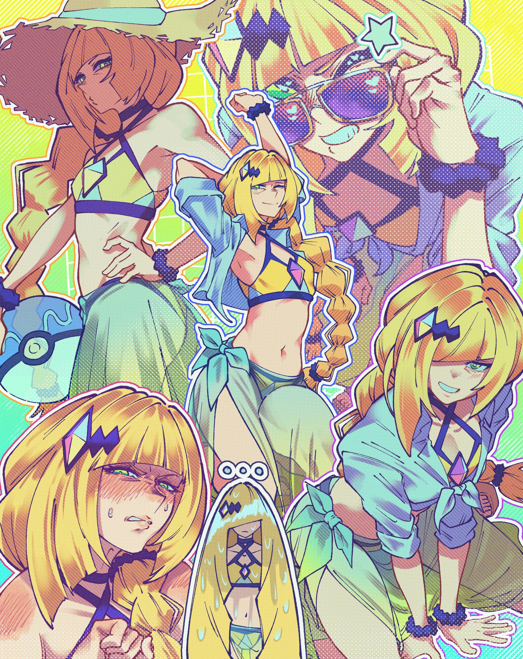 1girls, absurdres, adapted costume, andrich galam, bare shoulders, bikini, blonde hair, blush, breasts, closed mouth, commentary, english commentary, female, female only, green eyes, hair over one eye, hat, highres, long hair, looking at viewer, lusamine (pokemon), mature female, midriff, navel, nintendo, one eye closed, open clothes, open mouth, pokemon, pokemon masters, pokemon masters ex, sarong, shirt, smile, solo, stomach, straw hat, sun hat, sunglasses, swimsuit, sygna suit lusamine, very long hair