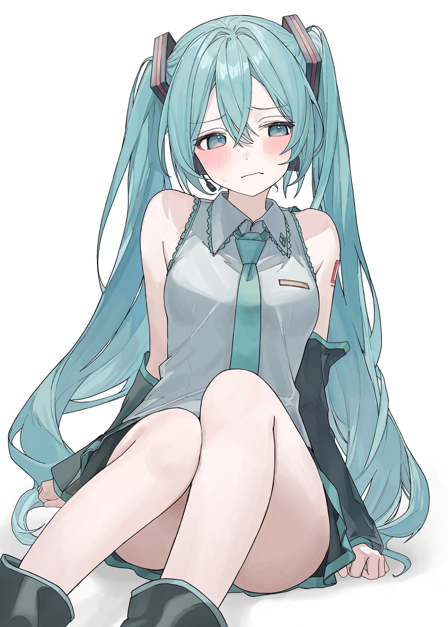 1girl, aqua eyes, aqua hair, aqua necktie, bangs, bare shoulders, black skirt, blank background, blue eyes, blue hair, blush, breasts, closed mouth, cute, detached sleeves, embarrassed, female, female only, grey shirt, hair between eyes, hair ornament, hatsune miku, headset, karyln, knees together feet apart, long hair, looking aside, necktie, pleated skirt, shirt, simple background, sitting, skirt, sleeveless, sleeveless shirt, solo, tattoo, twintails, very long hair, vocaloid, white background