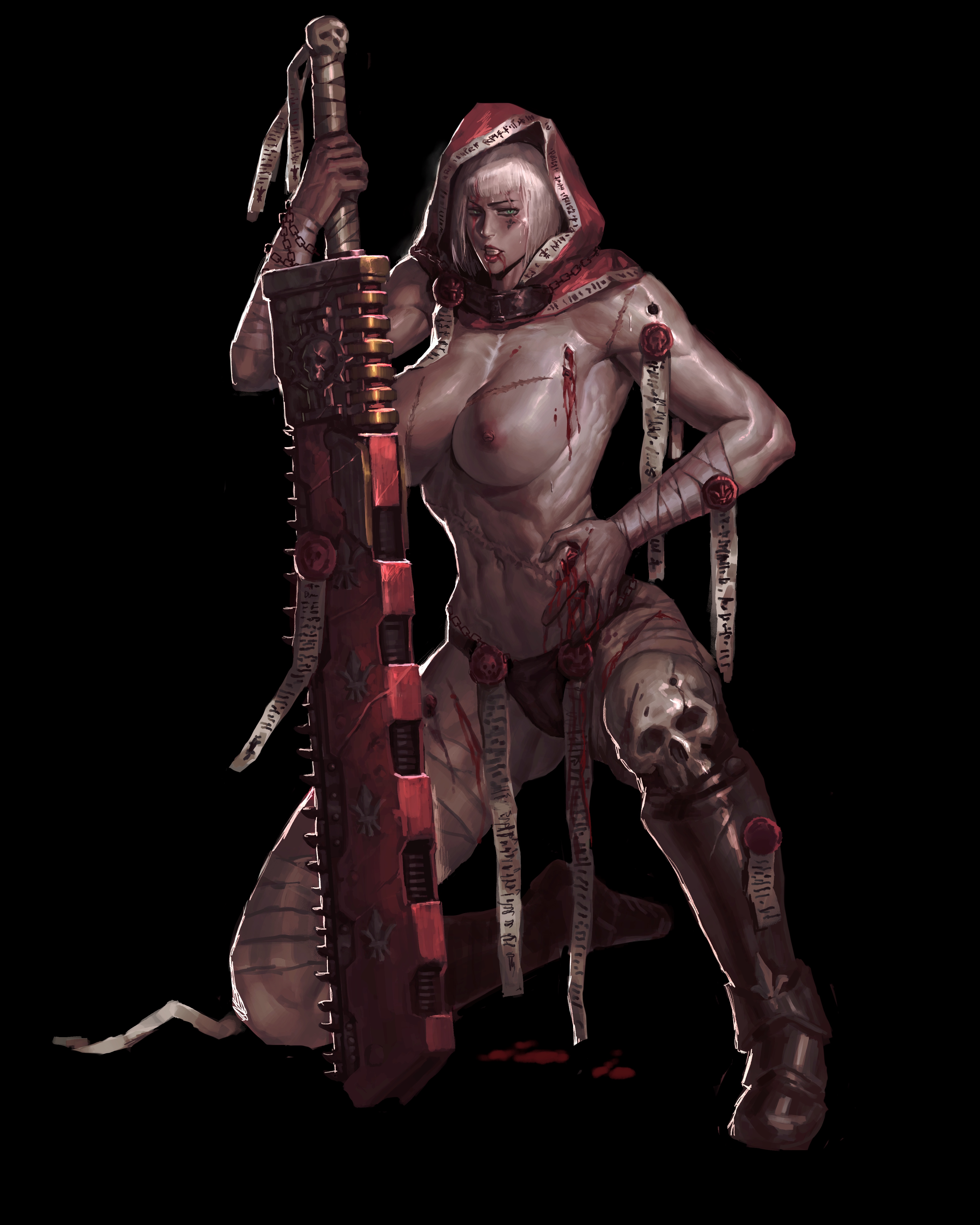 abs, adepta sororitas, blood, chainsword, clutching stomach, cuts, female, hood, human, lagon (artist), muscular, muscular female, purity seal, scars, sister of battle, sister repentia, topless, warhammer (franchise), warhammer 40k, wounded