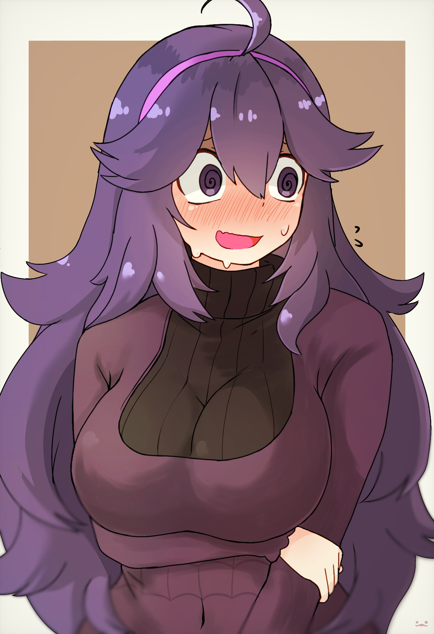 @ @, ahoge, alternate breast size, arm under breasts, blush, breasts, brown background, dress, eyebrows hidden by hair, female, game freak, hair between eyes, hairband, hex maniac, hex maniac (pokemon xy), highres, large breasts, long hair, messy hair, nervous, nintendo, npc trainer, open mouth, pokemon, pokemon xy, purple dress, purple eyes, purple hair, purple hairband, ribbed sweater, solo, sweatdrop, sweater, turtleneck, turtleneck sweater, two-tone background, umitsuki (kurage no shokushu), white background