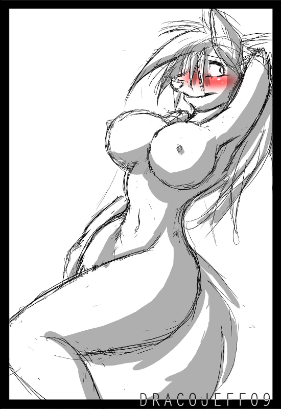 anthro armpits big_breasts blush breasts canine color dracojeff embarrassed female fur furry hair navel nipples nude pose red_wolf rule_63 sketch solo spot_color tail wolf wolf_nanaki