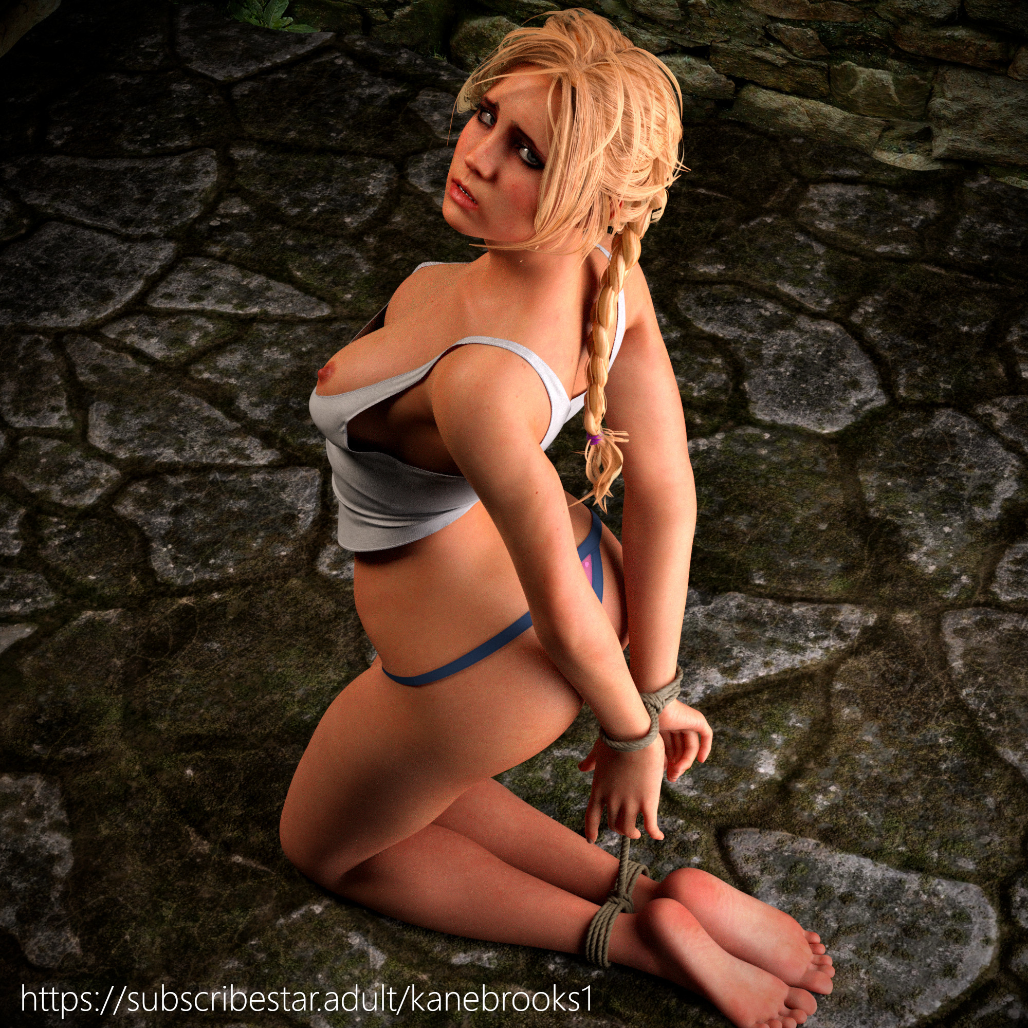 1girls, 3d, arms behind back, blonde hair, bondage, bound ankles, bound wrists, female, female only, hogtie, jessica riley, kanebrooks, kneeling, panties, shirt and panties, solo, tank top, until dawn