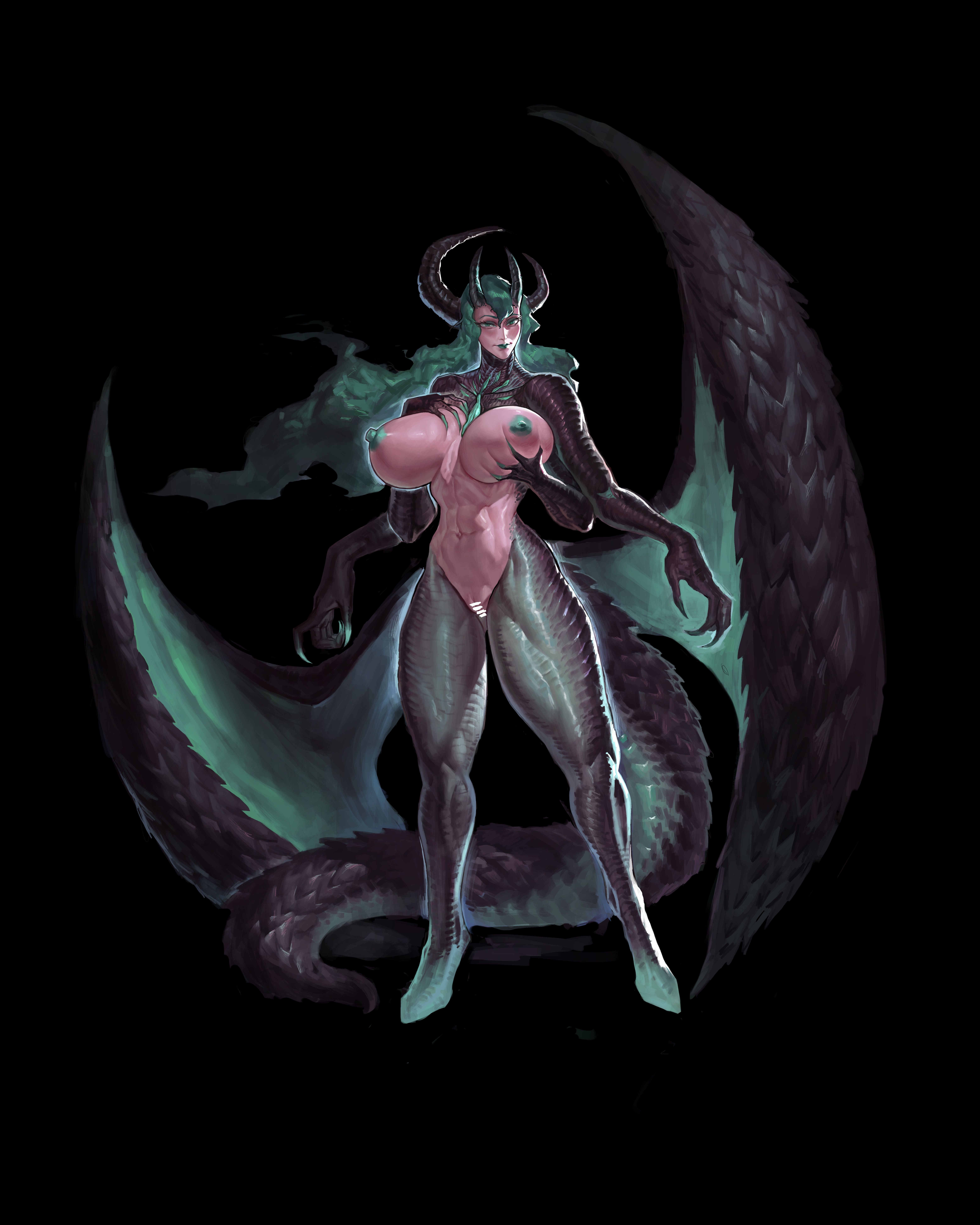 abs, dragon girl, female, forked tongue, horns, lagon (artist), lizard girl, muscular, muscular female, tail, wings