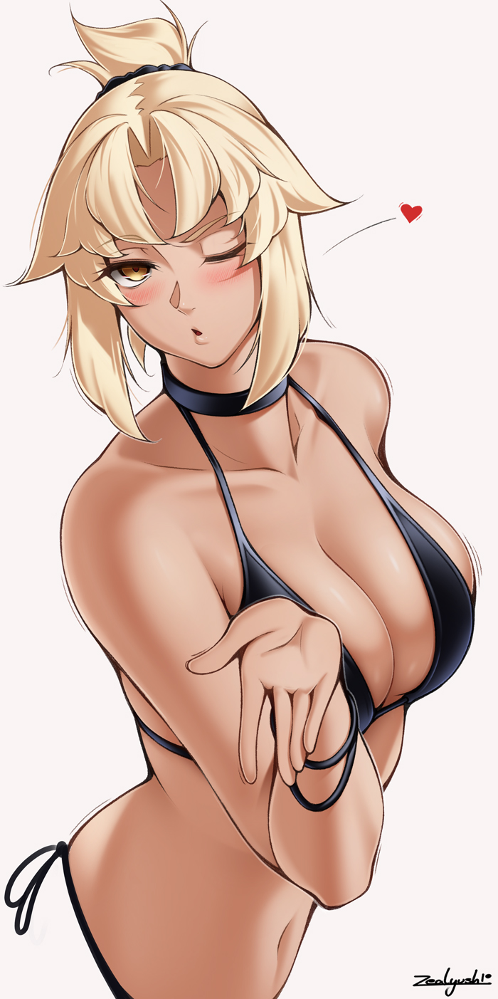 1girls, big breasts, blonde hair, blowing kiss, breasts, busty, fate (series), female, female only, heart, hi res, large breasts, looking at viewer, mordred (fate), navel, puckered lips, solo, solo female, tagme, toned, voluptuous, zealyush