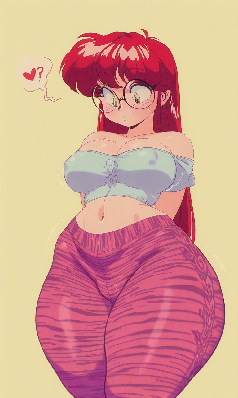 1980s (style), ai generated, ass, bigbizarts, blush, crop top, curvaceous, cute, fat ass, female, forbidden pants, glasses, green eyes, light skin, light-skinned female, looking down, nipples visible through clothing, original character, pussy, red hair, thick thighs, vagina visible through clothing, voluptuous