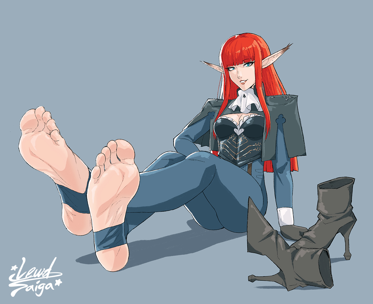 1girls, artist name, artist signature, atlus, barefoot, boob window, boots removed, breasts, clothed, clothed female, clothing, eiselin hulkenberg, elf, elf ears, elf female, elf girl, feet, feet focus, feet up, female, foot fetish, foot focus, hulkenberg, lewdsaiga, metaphor: refantazio, red hair, sega, simple background, soles, solo, solo female, solo focus