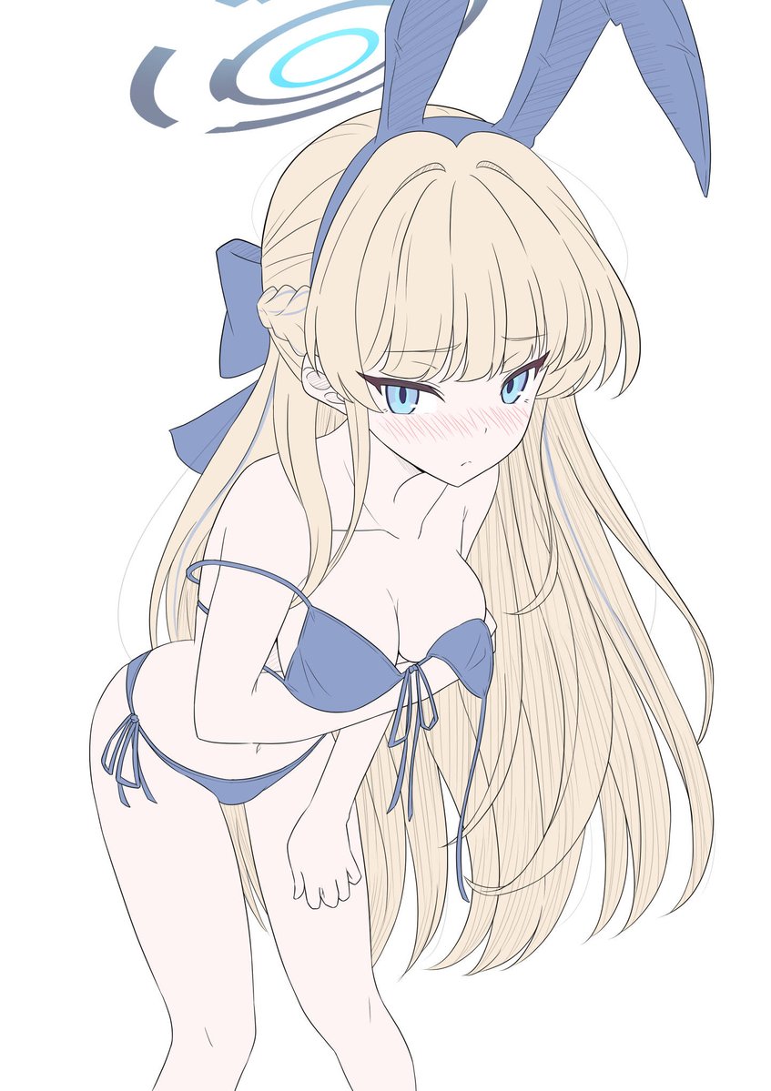 big breasts, bikini, blonde hair, blue archive, blue eyes, breasts, embarrassed, female, female only, hakuaiiii, hand on leg, holding breast, long hair, looking at viewer, rabbit ears, toki (blue archive)