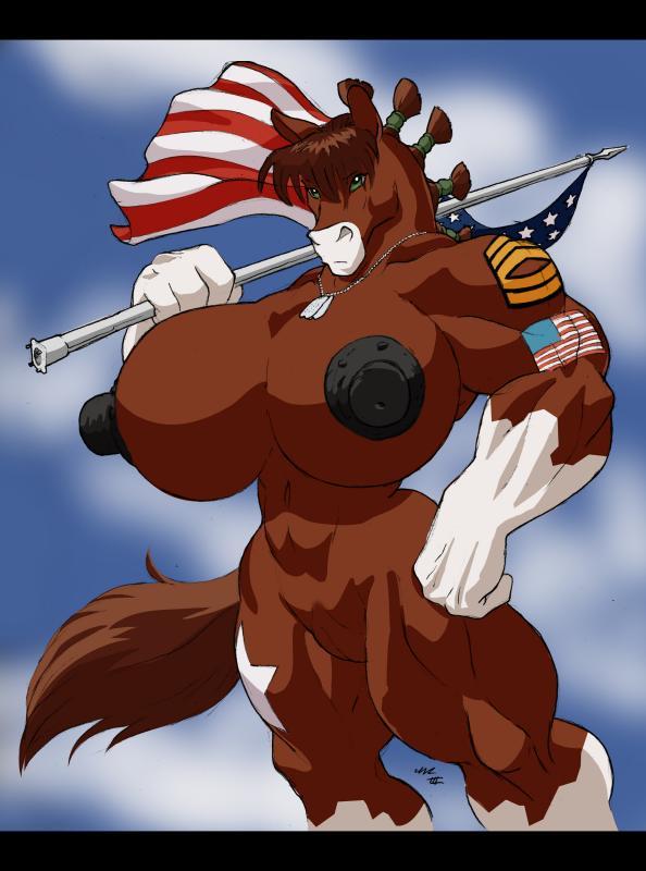 american_flag black_nipples breasts brown brown_hair dog_tags equine female flag furry gideon gideonhoss green_eyes hair horse macro mare military muscles nipples nude officer pussy sergeant_first_class solo standing tail white_fur