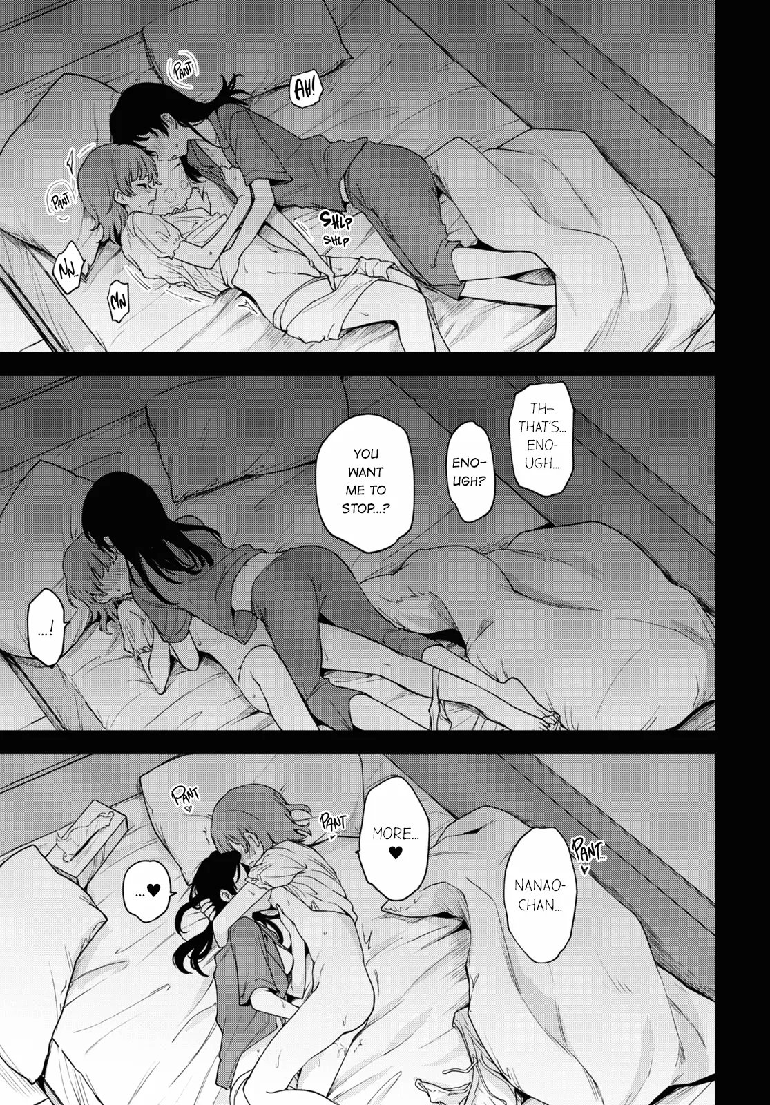 2girls, asumi-chan wa rezu fuuzoku ni kyoumi ga arimasu!, black and white, embarrassed, female, female only, fingering, fingering partner, hand in another's panties, implied fingering, lesbian sex, lying, lying on bed, panties down, pleasured, pussy, sex, sucking nipples, wet pussy, yuri