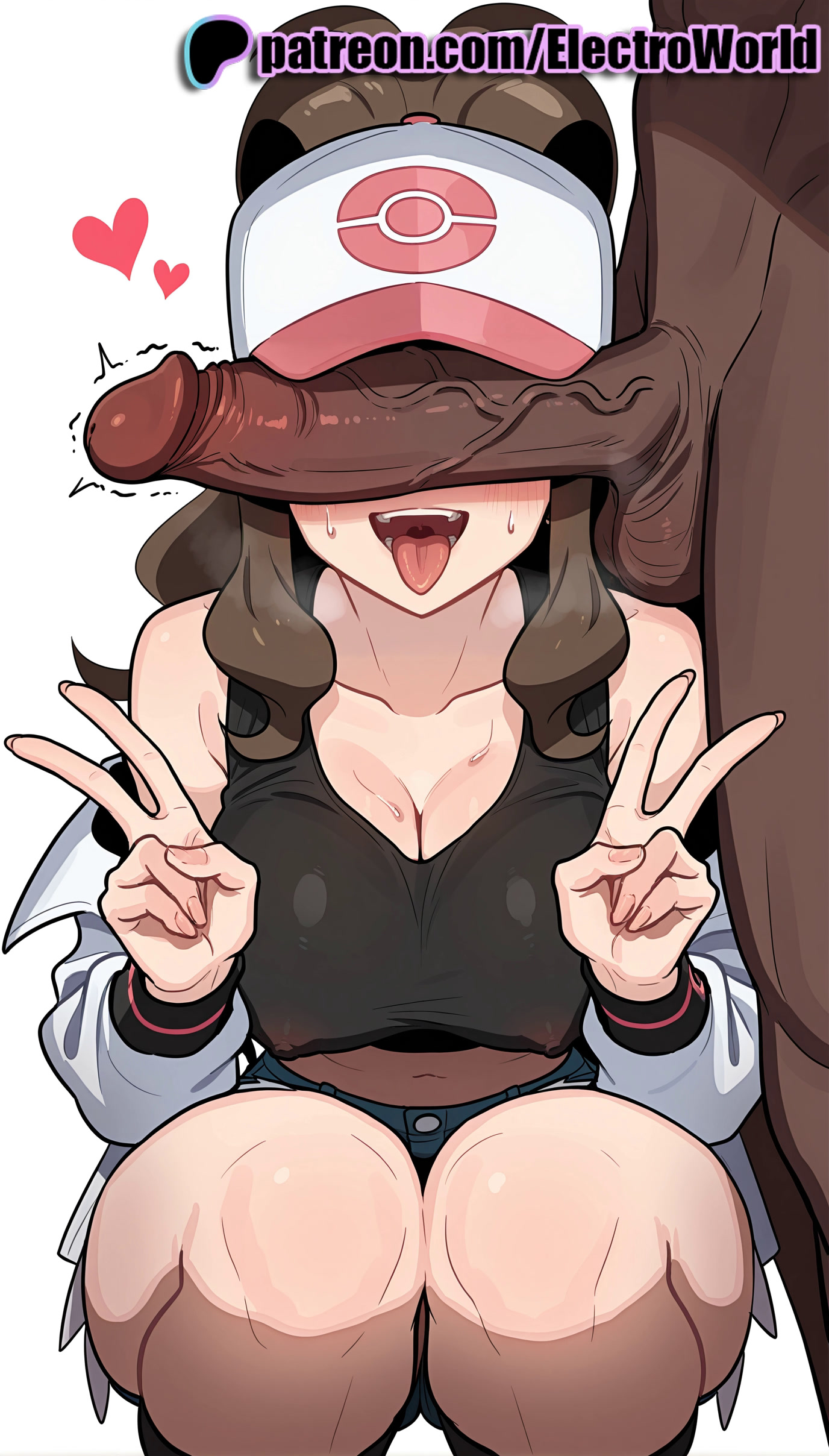 1girls, 2025, ai generated, artist name, balls, breasts, brown hair, bust, chest, cleavage, cock, dark penis, dark skin, dark-skinned male, dick, double v, double w, electroworld, erection, female, heart, hi res, high quality, high resolution, highres, hilda (pokemon), huge cock, interracial, long hair, male, patreon, patreon username, penis, penis awe, penis covered eyes, penis on face, penis over eyes, pokemon, shorts, squatting, stable diffusion, straight, testicles, tongue, tongue out, trembling, uncensored, v, w, watermark