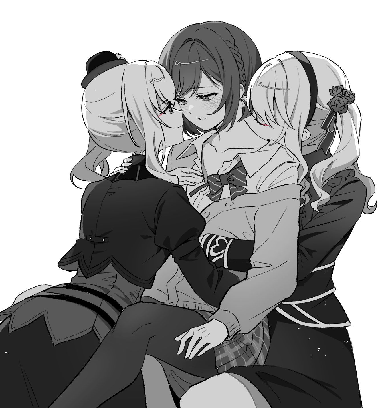 1, akiyama mizuki, black and white, blank background, embrace, female, kissing neck, looking at another, others, project sekai, sex, shinonome ena, sitting, sitting on person, skirt