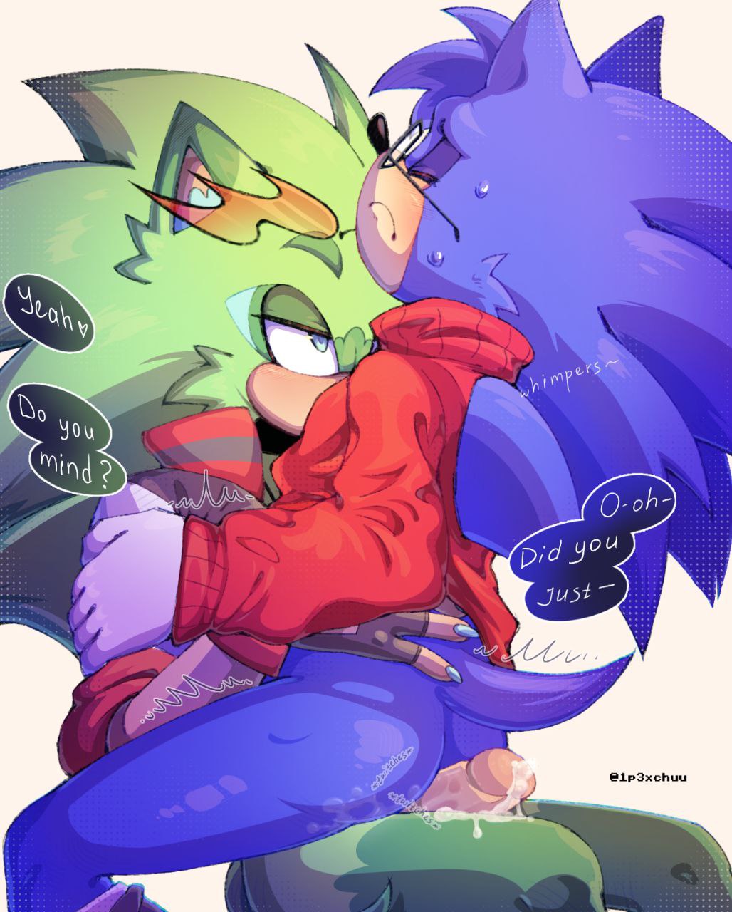 anthro anthropomorphic bottomless bottomless_male cum cum_on_butt cum_on_leg cumming_on_butt cumming_on_buttocks domination ejaculation furry gay gay_sex male_domination mlm nacked_ass nacked_butt nicky_the_hedgehog scourge_the_hedgehog shy shy_expression sonic_the_hedgehog yaoi