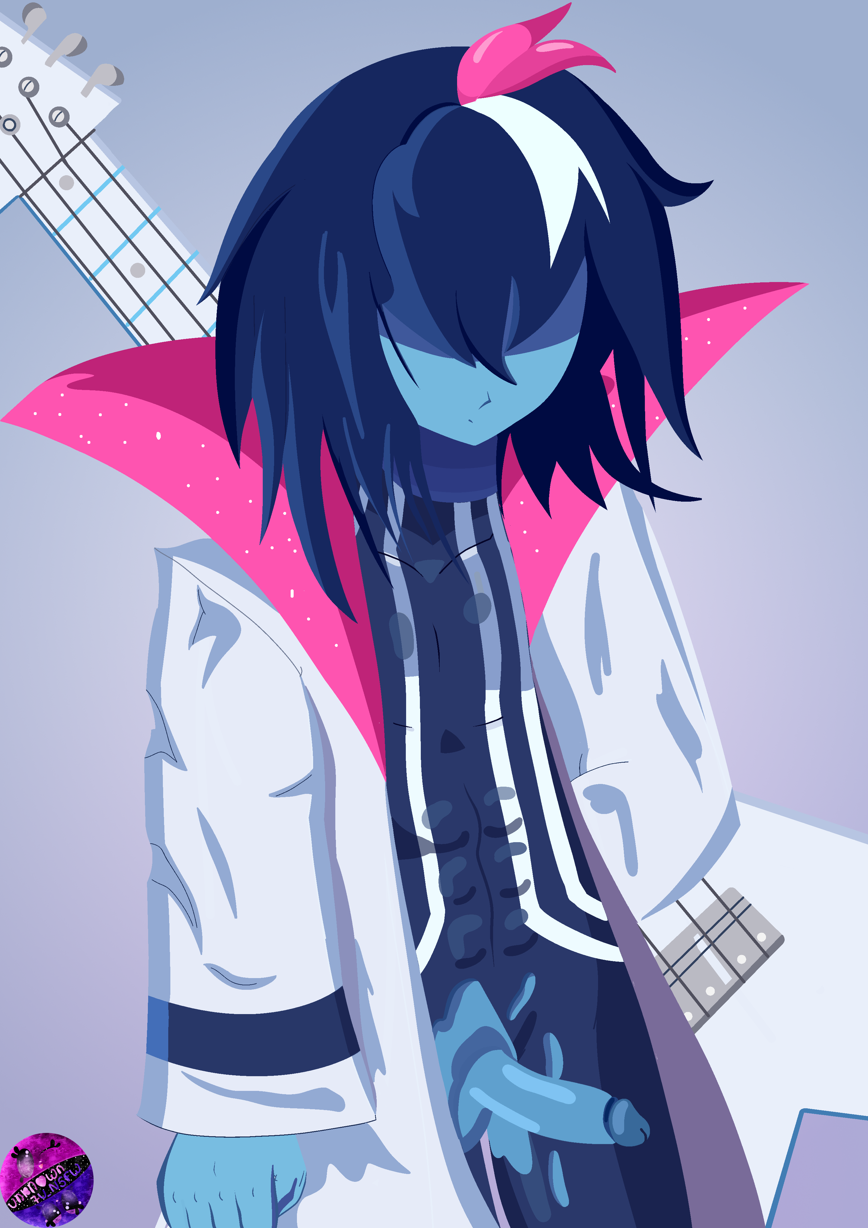 1boy, 1femboy, 2025, 2025s, 2d, 2d (artwork), abs, absurd res, absurdres, anthro, artist logo, artist name, background, balls, blue body, blue hair, blue skin, blue skinned male, deltarune, deltarune chapter 3, deltarune tomorrow, dripped out, dyed hair, dyed-hair, dyedhair, femboy, femboy only, guitar, hair accessory, hair covering eyes, human, human on anthro, human only, inkbunny, kris (deltarune), leotard, long coat, looking down, male, male focus, male only, mouth closed, nipples, original, pants, penis, ripped bodysuit, ripped clothing, ripped pants, rock, rocker, rockstar, rockstar kris, simple background, solo, solo male, tagme, toby fox, twunk, unknown7u nsfw, wardrobe malfunction