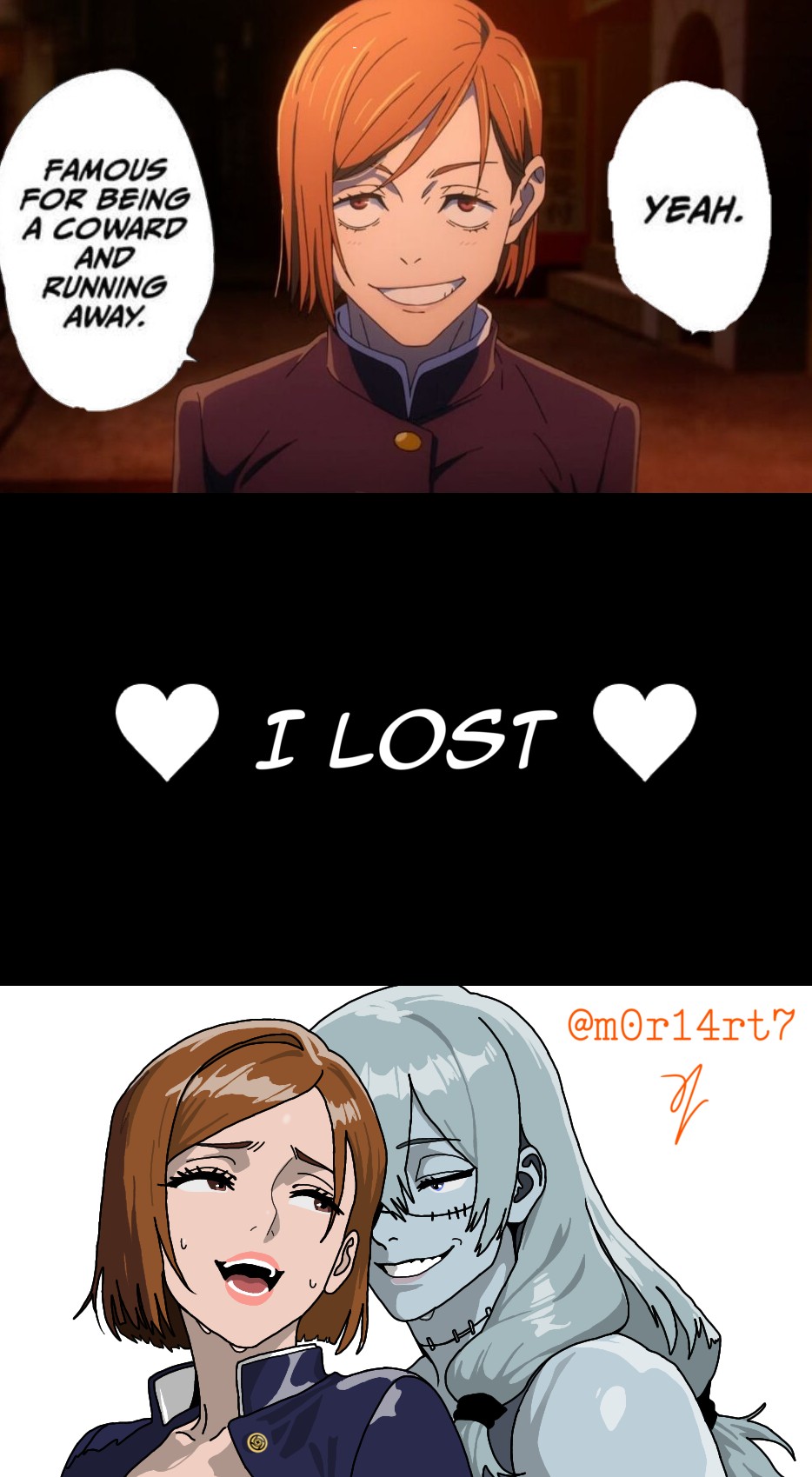 1boy, 1girls, 3koma, 3panels, alternate version at source, alternate version available, arrogant, blue hair, blue skin, brown hair, brown-haired female, comic, defeated, defeated heroine, dialogue, enjoying rape, female, ginger female, ginger hair, implied sex, instant loss, jujutsu kaisen, kugisaki nobara, loving it, m0r14rt7, mahito (jujutsu kaisen), male, male/female, moaninatg, moaning, moaning in pleasure, page 1, smirking, straight, sweating, text, text bubble
