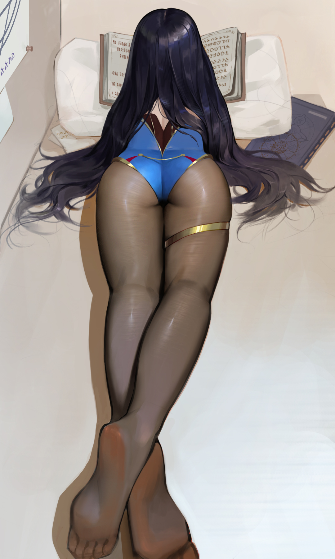 1girls, arched back, ass, black hair, blue leotard, book, commentary, facing away, feet, female, female only, from behind, genshin impact, hair spread out, highleg, highleg leotard, highres, indoors, jewelry, leotard, long hair, lying, midfinger, mona (genshin impact), on stomach, pantyhose, pillow, poster (object), soles, solo, thighlet, very long hair