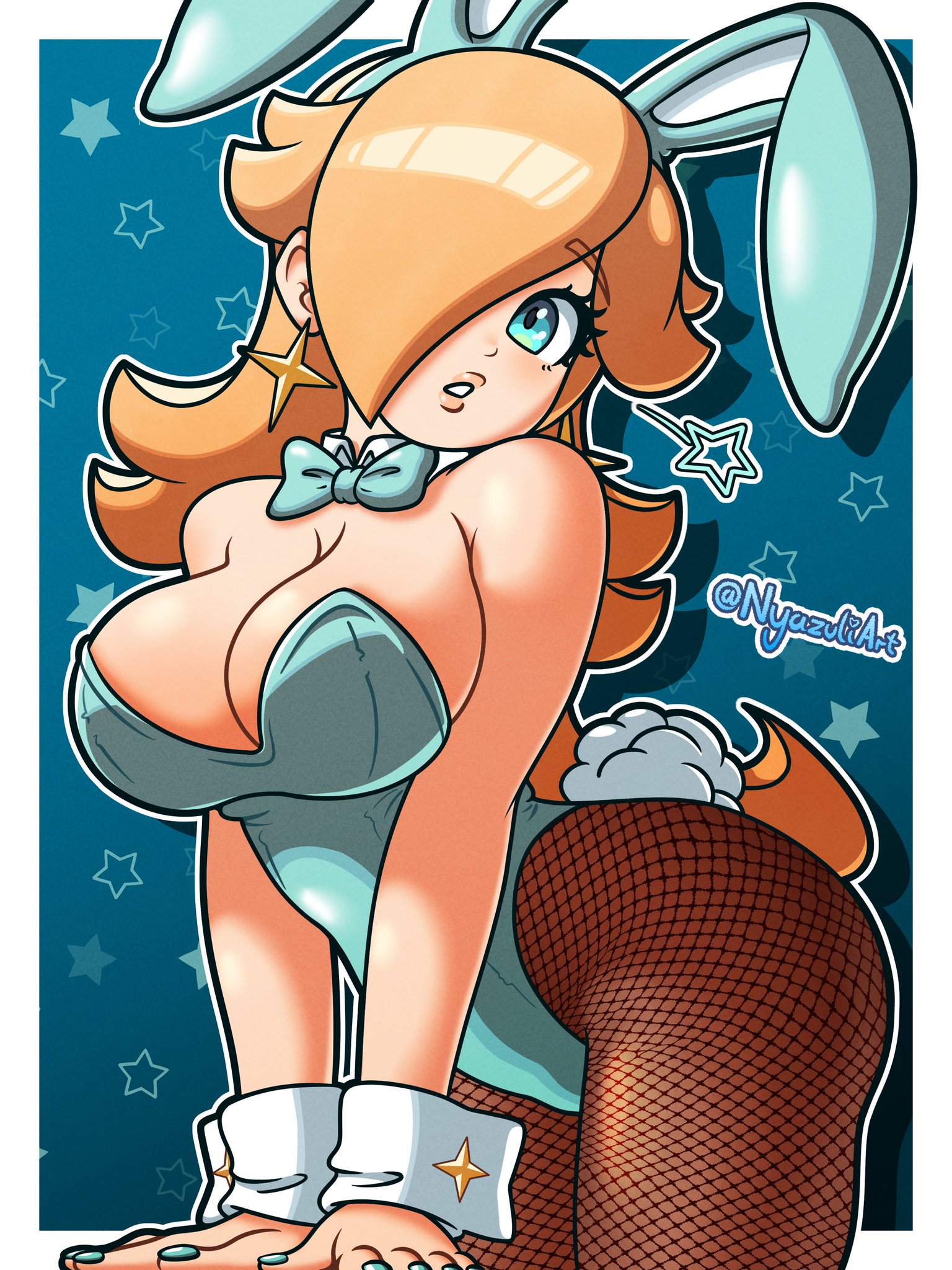 1girls, big breasts, blonde hair, blue eyes, bowtie, breasts, bunny ears, bunny girl, cleavage, clothing, eyelashes, female, female only, human, human only, large breasts, legwear, light skin, light-skinned female, mammal, mario (series), mature, mature female, nintendo, nyazuliart, princess, princess rosalina, royalty, solo, solo female, solo focus, tail, voluptuous, voluptuous female