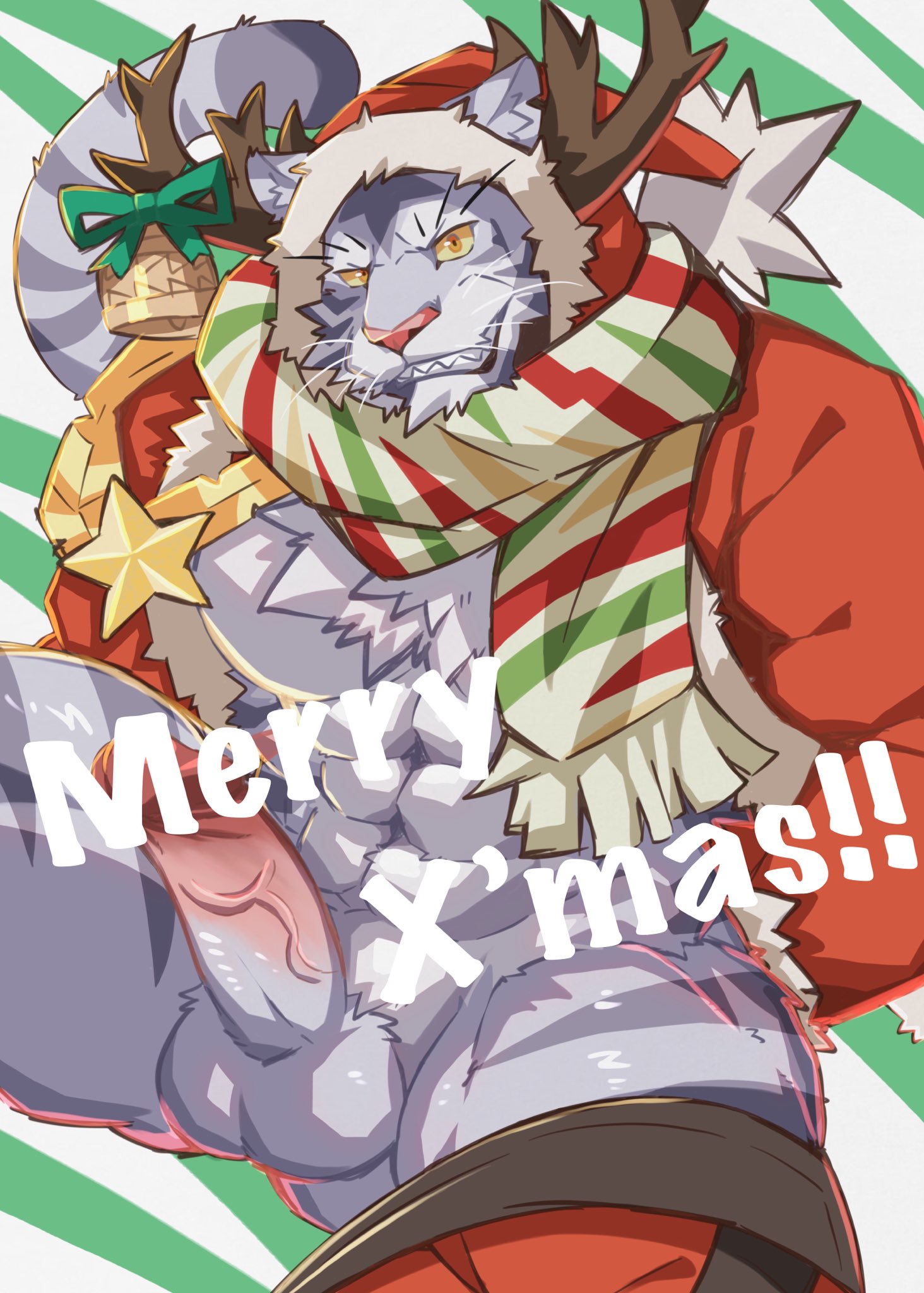2020 anthro balls barazoku biped christmas christmas_clothing christmas_headwear clothing colored cygames felid genitals grey_balls gunso_p hat headgear headwear hi_res holidays humanoid_genitalia humanoid_penis male mammal muscular muscular_anthro muscular_male muscular_thighs nimbus_(world_flipper) pantherine penis pink_nose santa_coat santa_hat solo tiger world_flipper