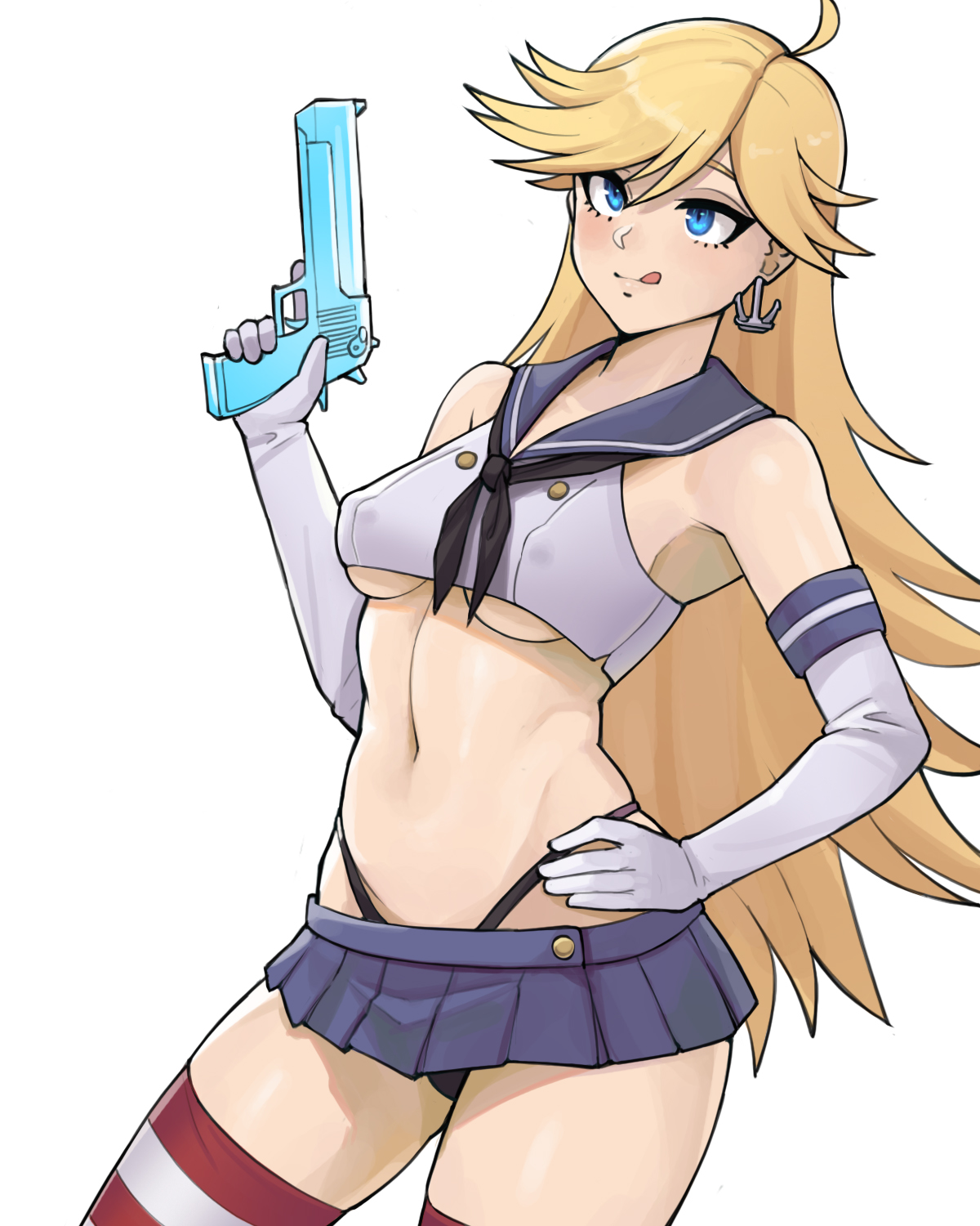 1girls, 2020, ahoge, blonde hair, blue eyes, breasts, clothing, cosplay, donburi (donburikazoku), donburikazoku, earring, earrings, female, female only, firearm, gloves, gun, handgun, human, jewelry, kantai collection, light skin, light-skinned female, long hair, medium breasts, midriff, miniskirt, navel, nipple bulge, nipples visible through clothing, no bra, pale skin, panties, panties visible under skirt, panty & stocking with garterbelt, panty anarchy, panty peek, revealing clothes, shimakaze (kantai collection) (cosplay), short skirt, skirt, smile, solo female, solo focus, thick thighs, thighhighs, thighs, thong, thong straps, tongue, tongue out, underboob, weapon, yellow hair