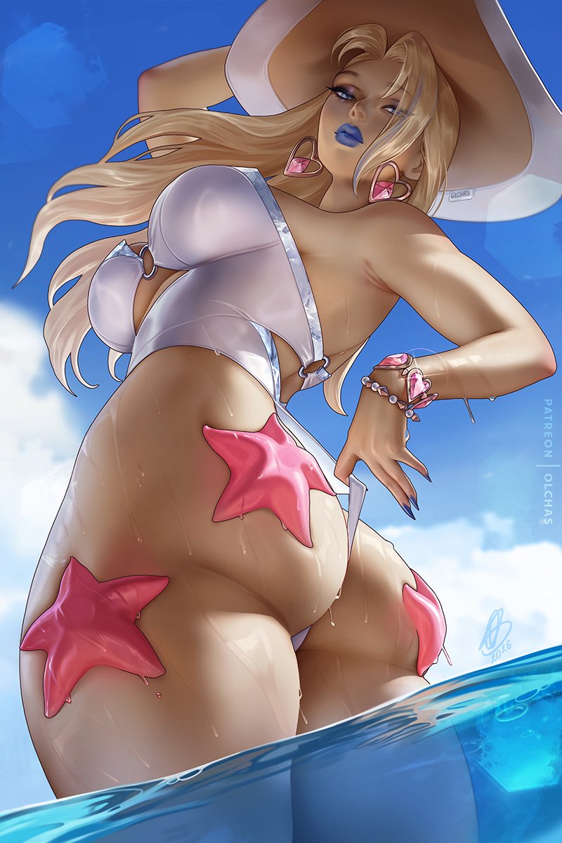 1girls, 2:3, 2d, 3others, alternate version available, ass, big ass, big breasts, blonde female, blonde hair, blue eyes, breasts, bubble ass, bubble butt, clothed, emma frost, emma frost (marvel rivals), emma frost (white wave queen), female, fully clothed, hat, huge ass, large ass, large breasts, long hair, marvel, marvel rivals, milf, multiple others, official alternate costume, olchas, one-piece swimsuit, partially submerged, solo, starfish, swimsuit, thong, thong leotard, water, wet, wet body, x-men