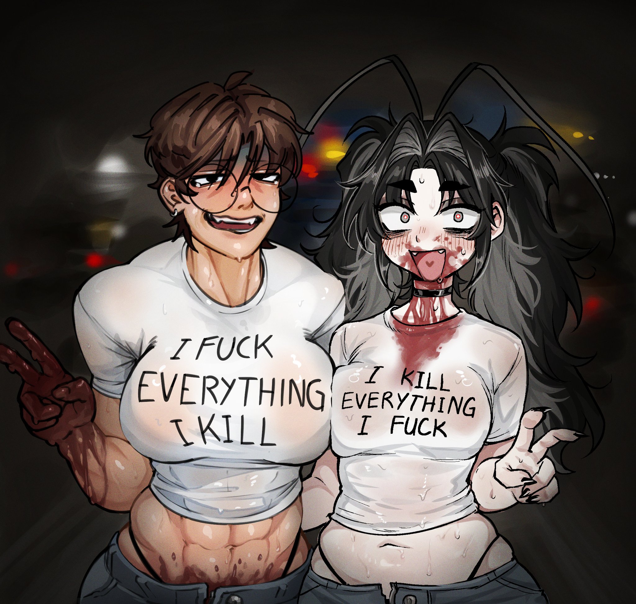 abs, blood stain, female, marblechii, meme, murderer, muscular, muscular female, northeze, original, original character, original characters, ria (northeze), roach (marblechii), tagme, tomboy