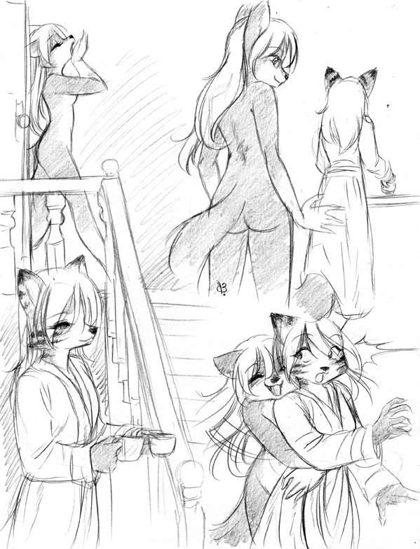 abluedeer anthro ass beverage black_and_white canine coffee ear female fur furry hair hug jensca kimber kitwulfen love monochrome nude open_mouth outside sketch surprised tail tea yawn