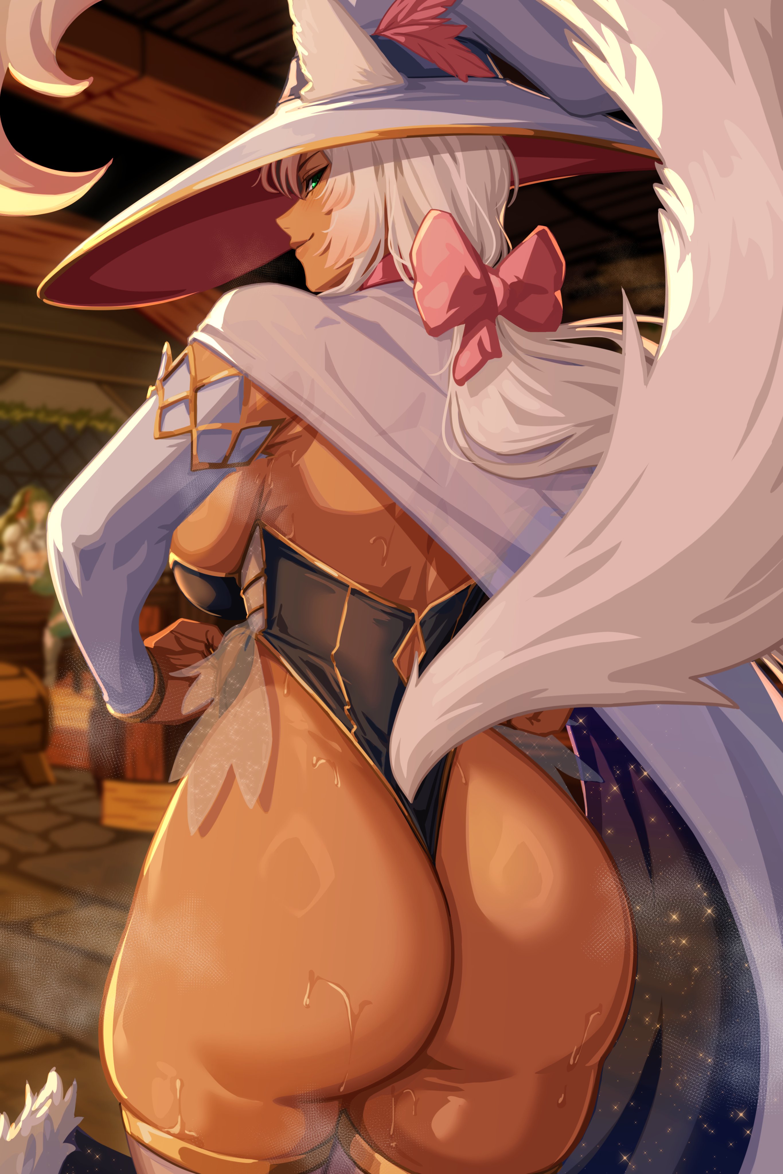 1girls, alecto 0, ass, ass focus, big ass, big breasts, breasts, dark skin, dark-skinned female, female, female focus, female only, huge ass, large ass, looking at viewer, looking back, original, original character, solo, thighhighs, thighs