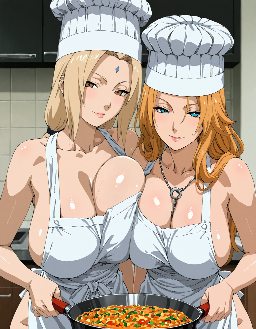 2irls ai_generated apron apron_only barely_clothed big_breasts bleach blonde_hair blue_eyes blush breasts breasts_bigger_than_head brown_eyes chef_hat constanzai cooking crossover female female_only food functionally_nude hat headwear holding_object hourglass_figure huge_breasts large_breasts matsumoto_rangiku mature mature_female milf mommy mostly_nude multiple_girls naked_apron naruto naruto_(series) naruto_shippuden offering offering_food offering_to_viewer orange_hair plump sagging_breasts shounen_jump solo solo_focus teamwork thick_thighs tied_hair top_heavy topwear tsunade twintails voluptuous