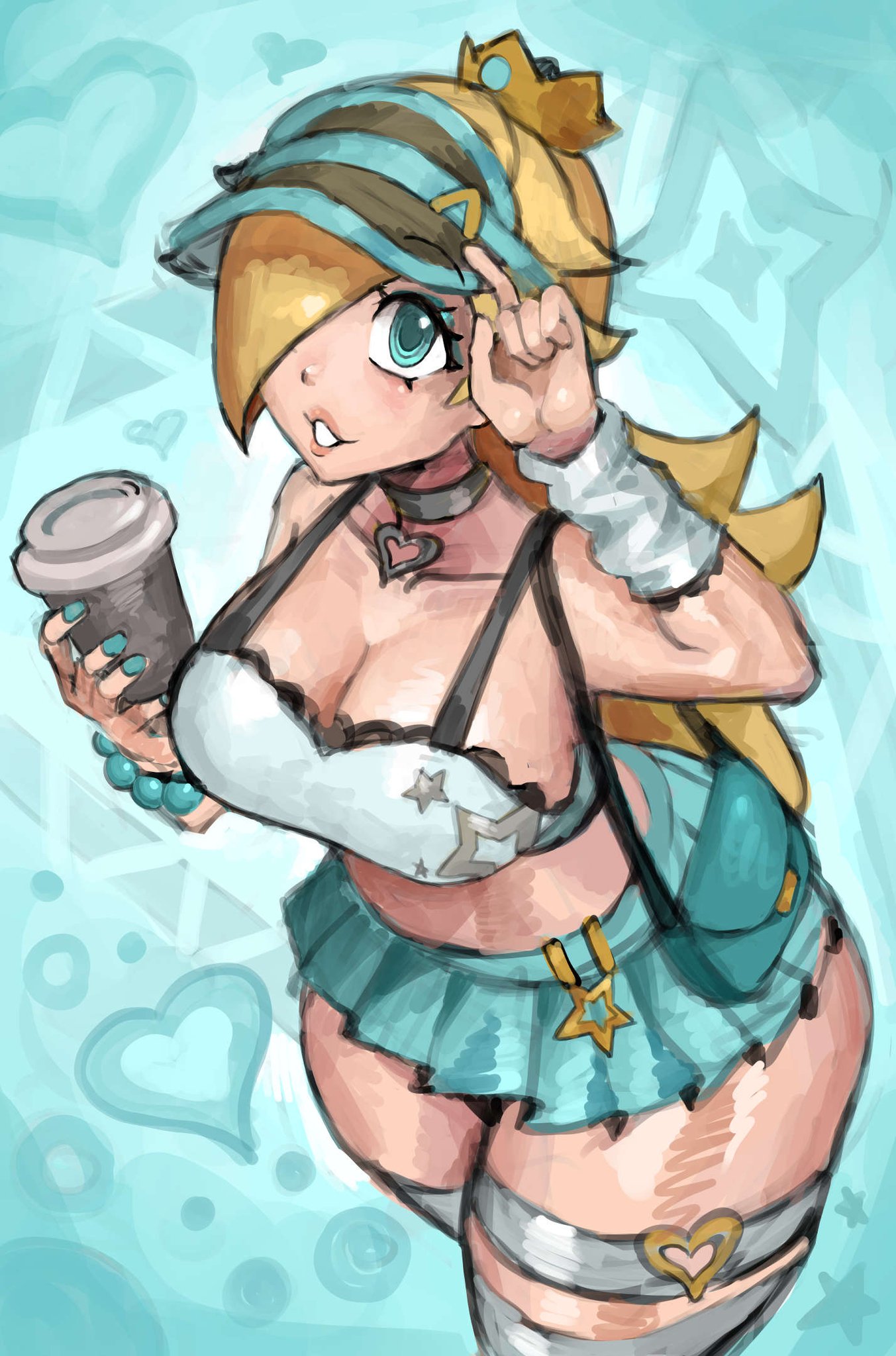 1girls, artist name, big breasts, blonde hair, blue eyes, blush, breasts, cleavage, clothed, clothing, coffee, coffee cup, ear piercing, eyelashes, female, female only, fully clothed, hair covering eye, hat, huge breasts, human, human only, large breasts, light skin, light-skinned female, long hair, looking at viewer, mammal, mario (series), mature, mature female, midriff, nintendo, princess, princess rosalina, royalty, saiykik, skirt, smile, solo, solo female, solo focus, super mario galaxy, voluptuous, voluptuous female